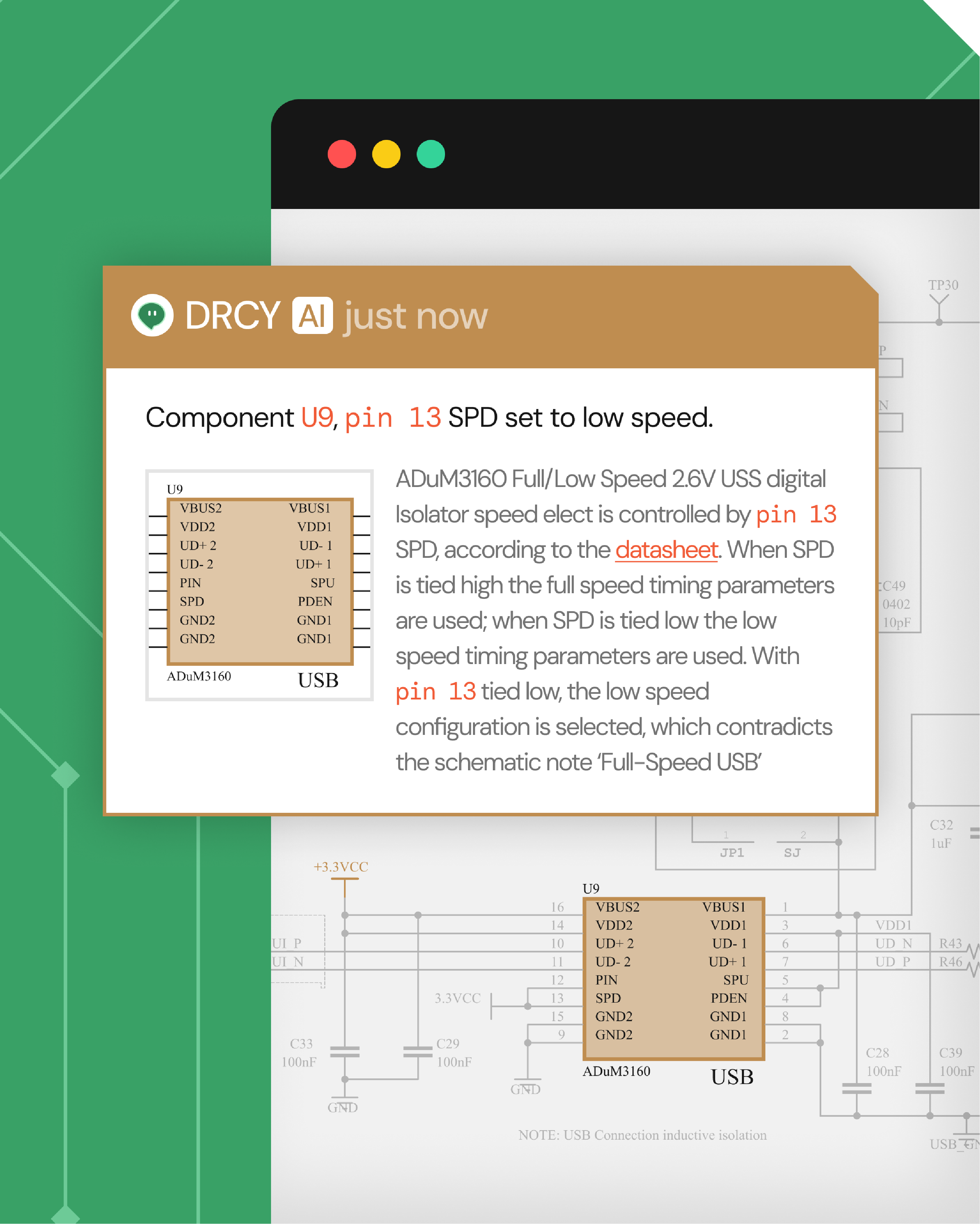 A digital notification window against a green background shows a message from DRCY AI stating that component U9, pin 13 SPD is set to low speed. It includes a diagram of U9, a USB digital isolator chip with pin labels, and explains that pin 13 SPD controls speed selection between full and low speed according to a datasheet. The message notes a contradiction because pin 13 is tied low indicating low speed, which conflicts with the schematic note stating 'Full-Speed USB'.