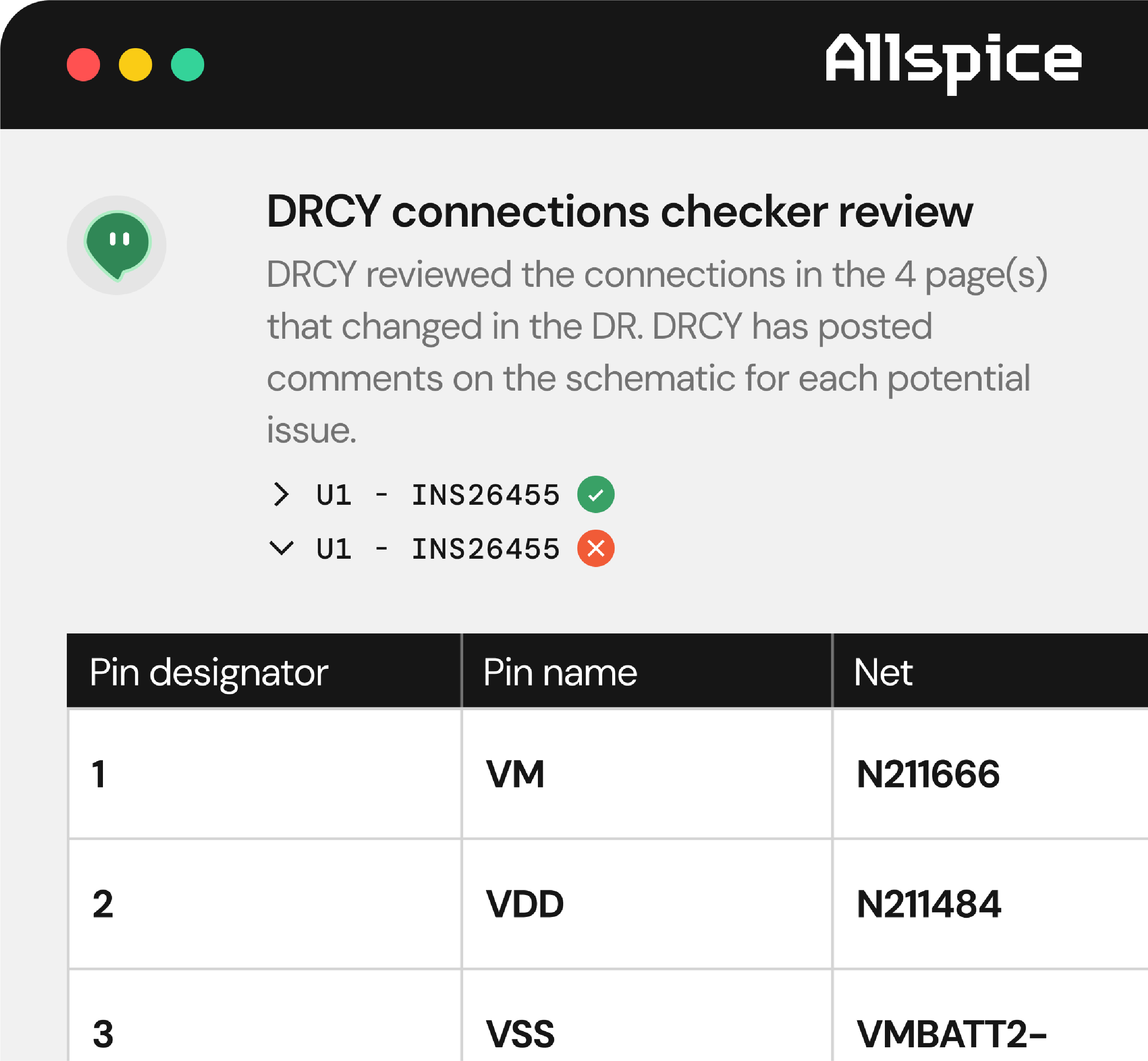 Screenshot of DRCY connections checker review on Allspice showing that DRCY reviewed connections in 4 pages with comments on schematics, listing U1 - INS26455 with a green check and red cross, and a table displaying pin designators 1 to 3 with corresponding pin names VM, VDD, VSS, and nets N211666, N211484, and VMBATT2- respectively.