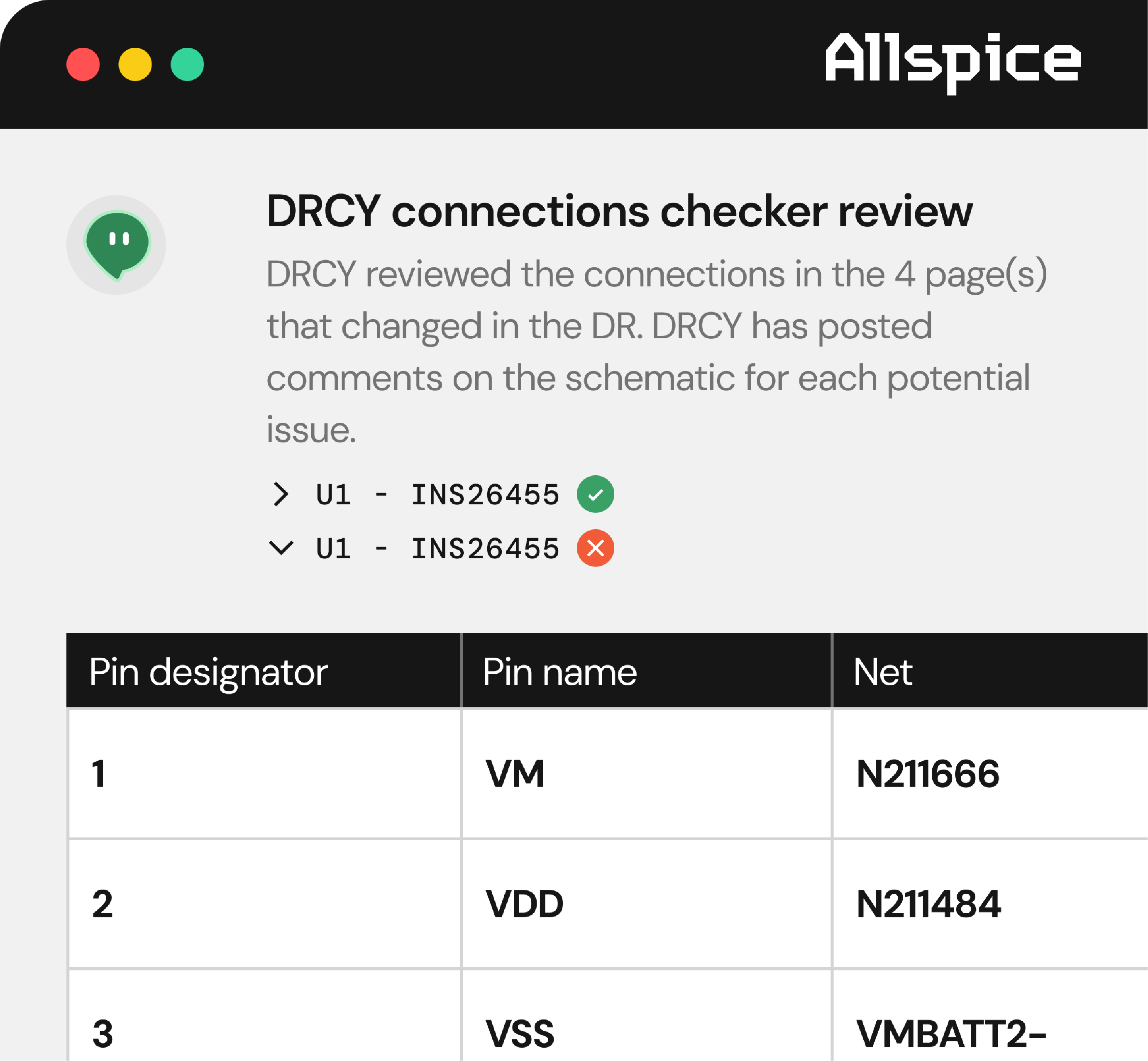 Screenshot of DRCY connections checker review on Allspice showing that DRCY reviewed connections in 4 pages with comments on schematics, listing U1 - INS26455 with a green check and red cross, and a table displaying pin designators 1 to 3 with corresponding pin names VM, VDD, VSS, and nets N211666, N211484, and VMBATT2- respectively.