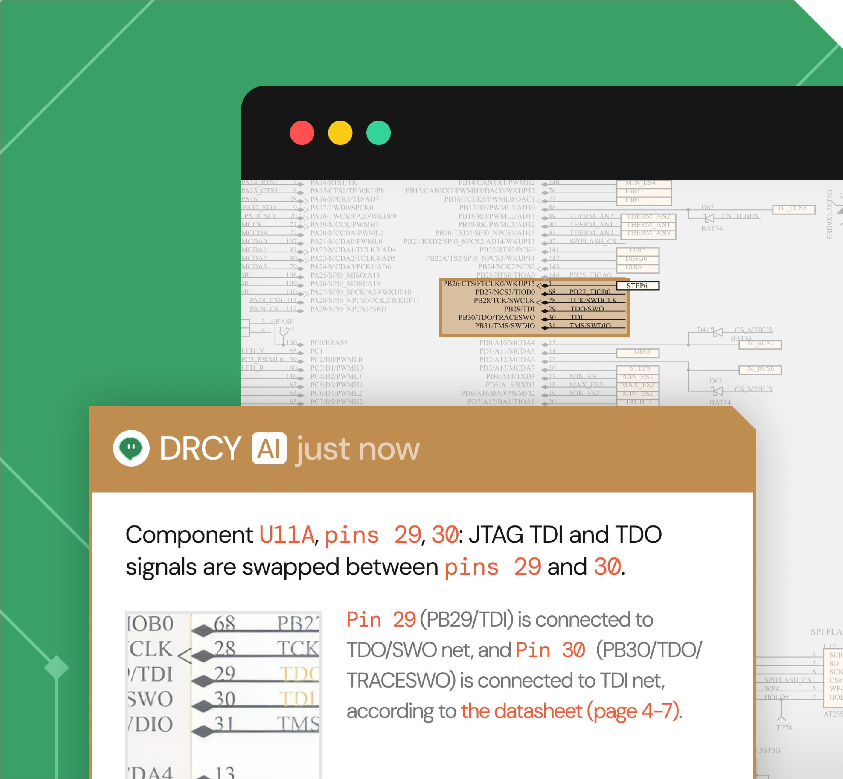 Screenshot of a message from DRCY AI explaining that for component U11A, JTAG TDI and TDO signals are swapped between pins 29 and 30, with details on the pin connections and reference to the datasheet.