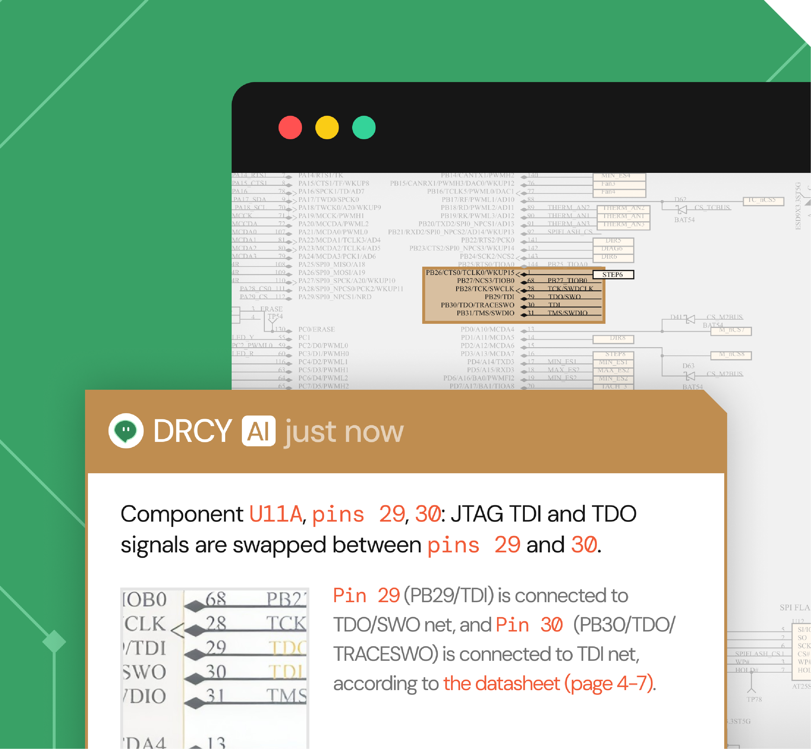 Screenshot of a message from DRCY AI explaining that for component U11A, JTAG TDI and TDO signals are swapped between pins 29 and 30, with details on the pin connections and reference to the datasheet.