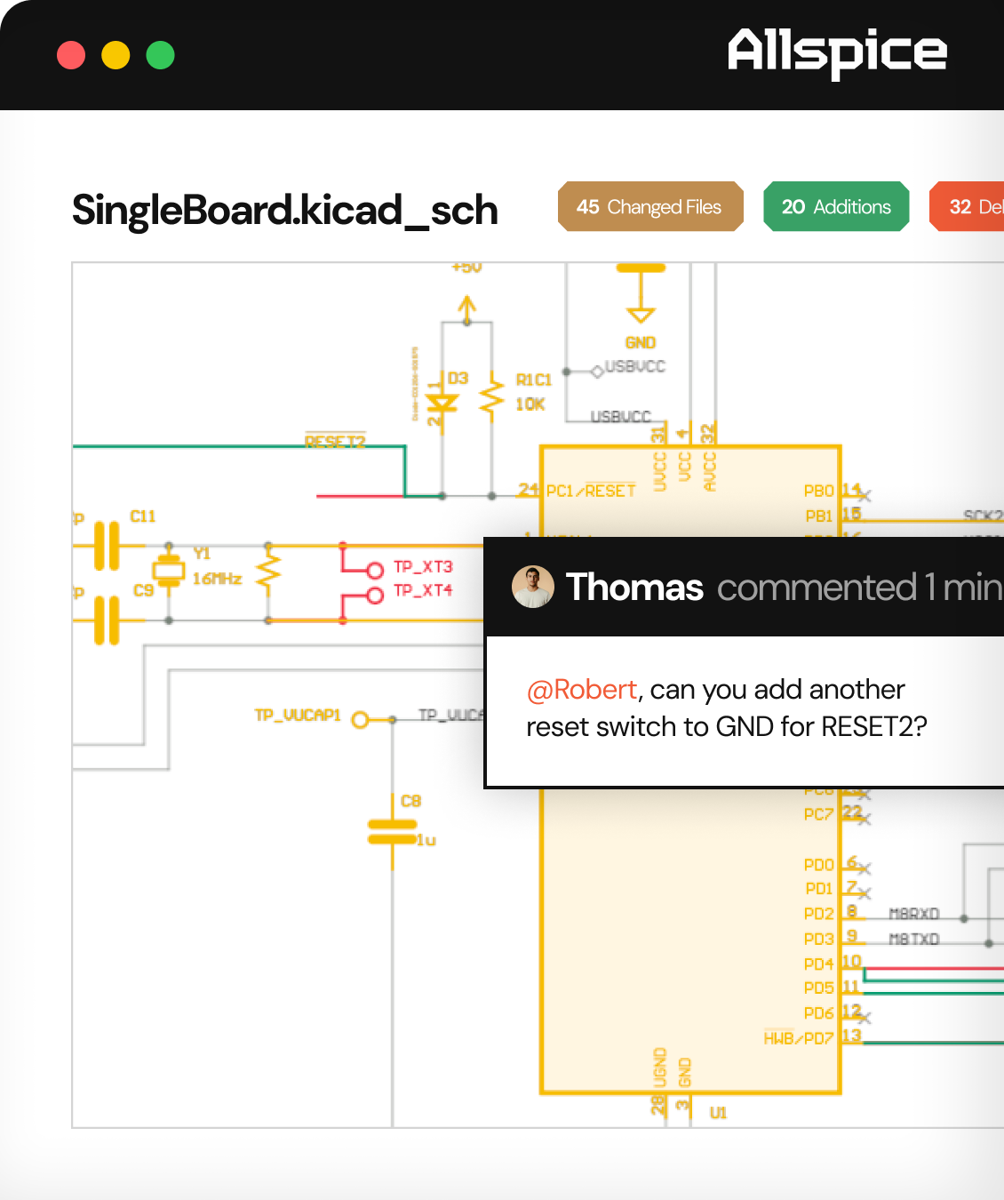 Screenshot of the Allspice software interface displaying a completed automation sequence with steps: Setup Python, pip install jinja2 py-allspice, Check Components, Comment Results, and Complete Job, each marked with a green check and respective execution times from 0 to 5 seconds. The 'Complete Job' step is expanded showing log lines evaluating expression 'success()', running post setup Python, and writing entries to a tarball workflow output.