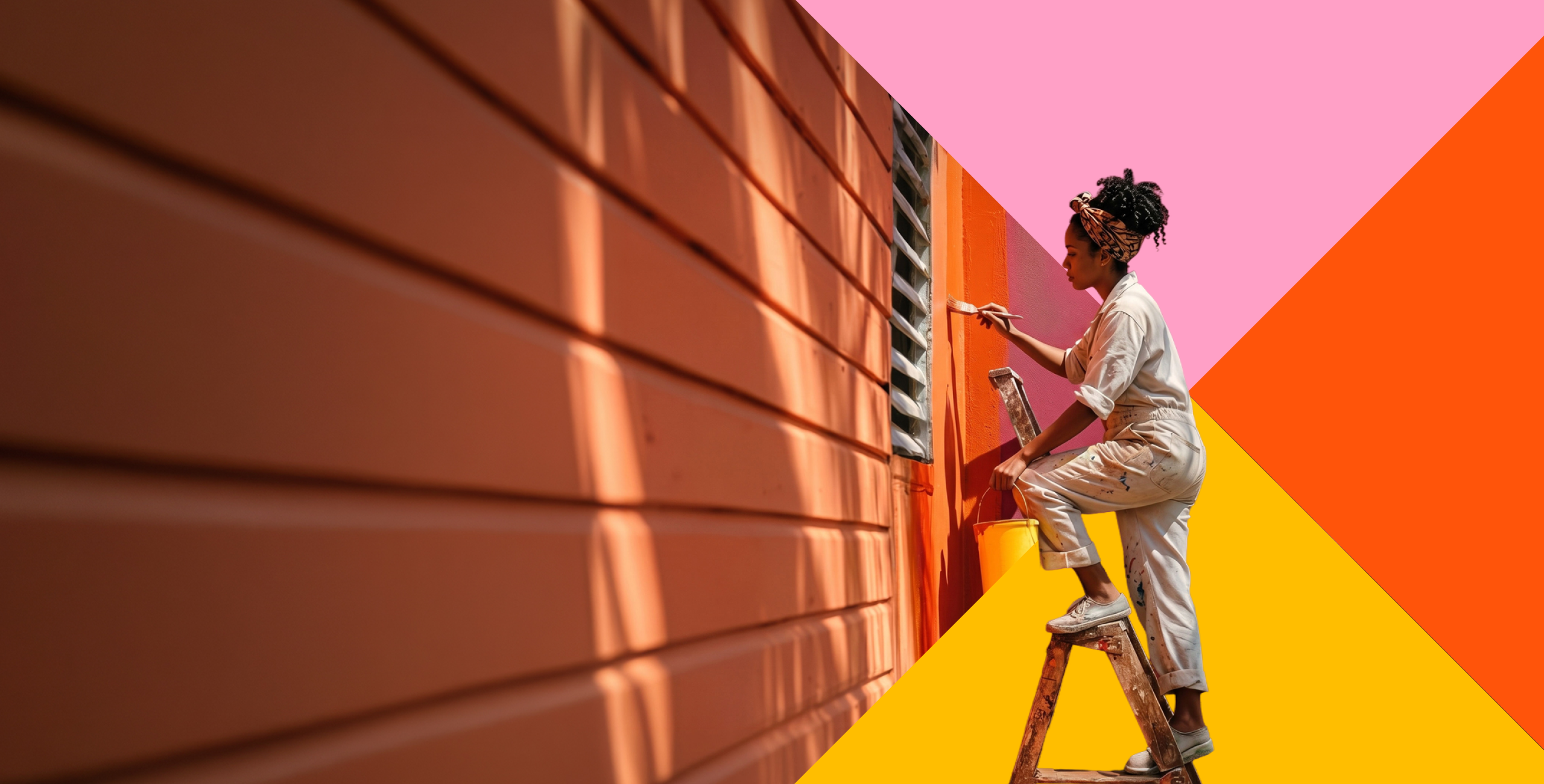 Peintre en combinaison appliquant à la brosse une peinture orange sur les lames d'une façade en bois, depuis un escabeau.