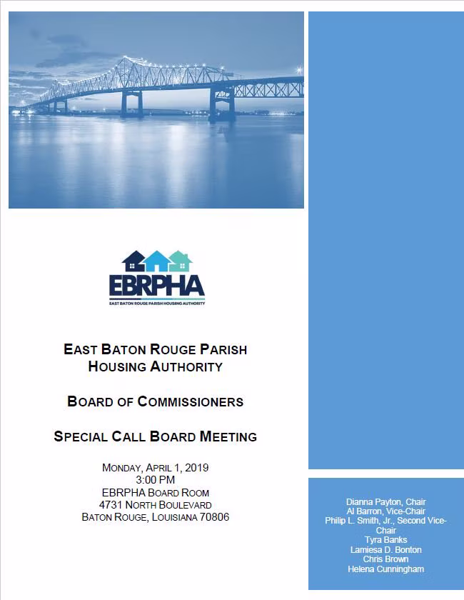 EBRPHA Board of Commissioners special meeting agenda, April 1, 2019
