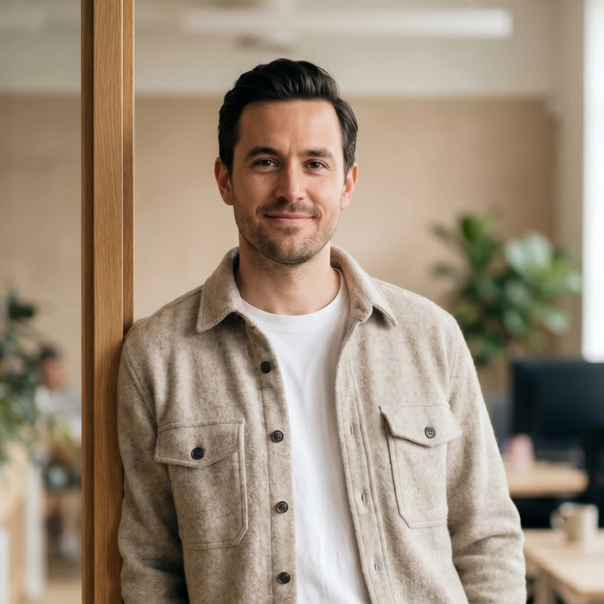 Smiling man with dark hair in beige jacket and white shirt leaning against wooden frame indoors.