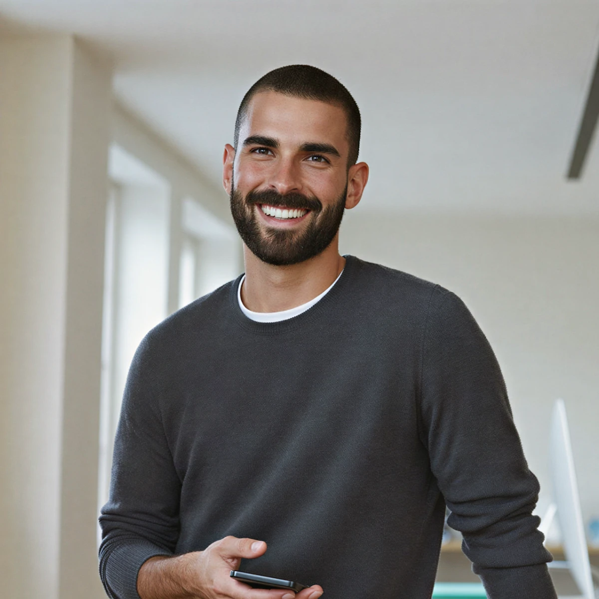 Smiling man with beard and short hair holding a phone, wearing a dark sweater in a bright room.
