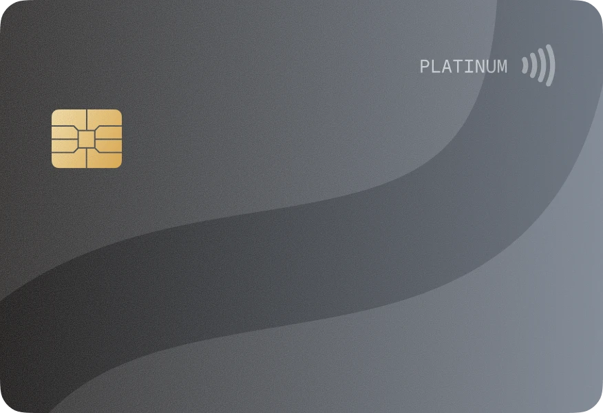 Dark gray platinum credit card with chip and contactless payment symbol.