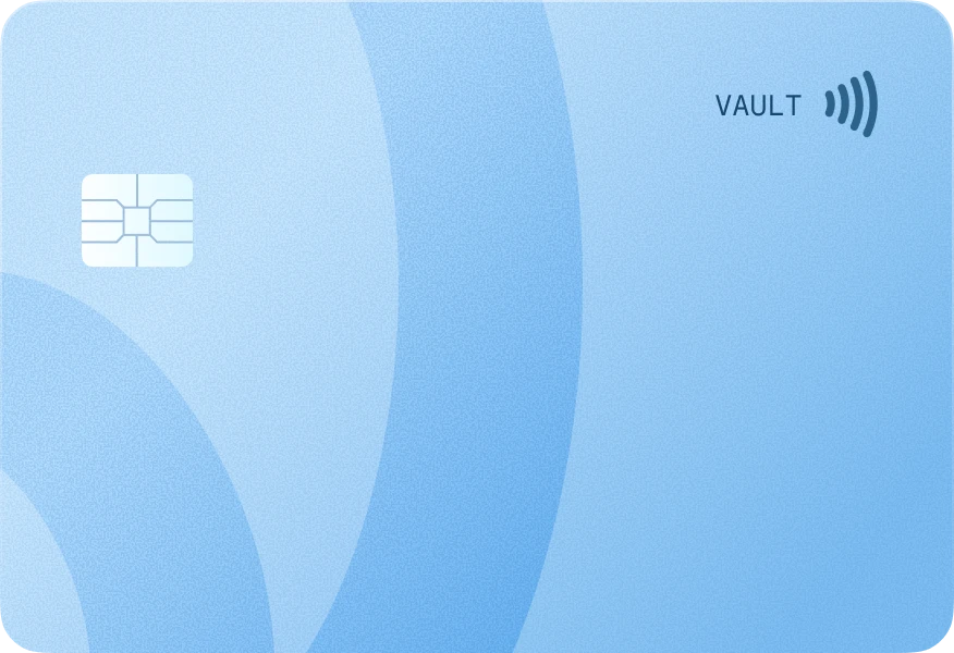 Blue VAULT contactless payment card with a chip on the left side.