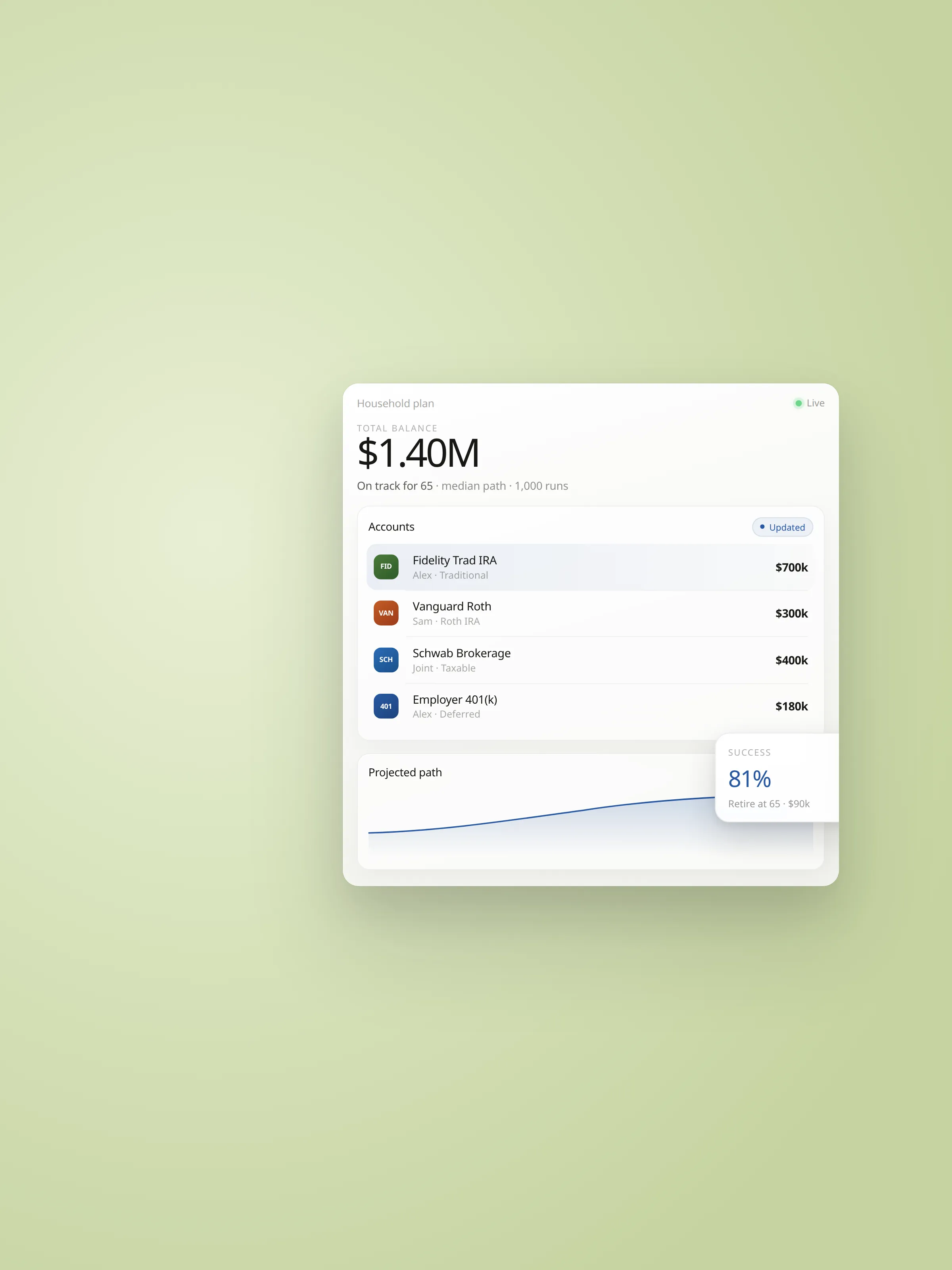Jeme desktop plan view with typed balances and outcome range
