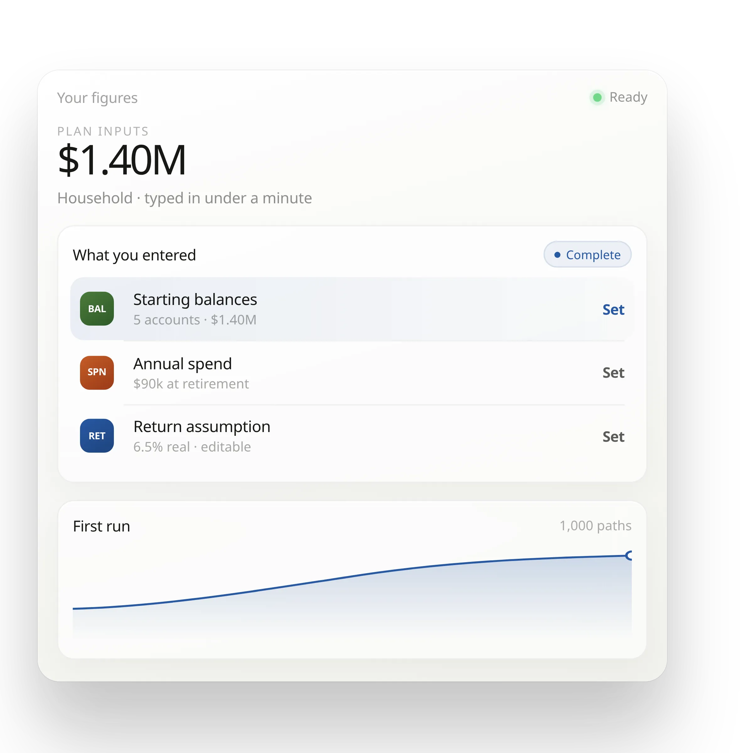 Jeme planner showing typed balances and a success range