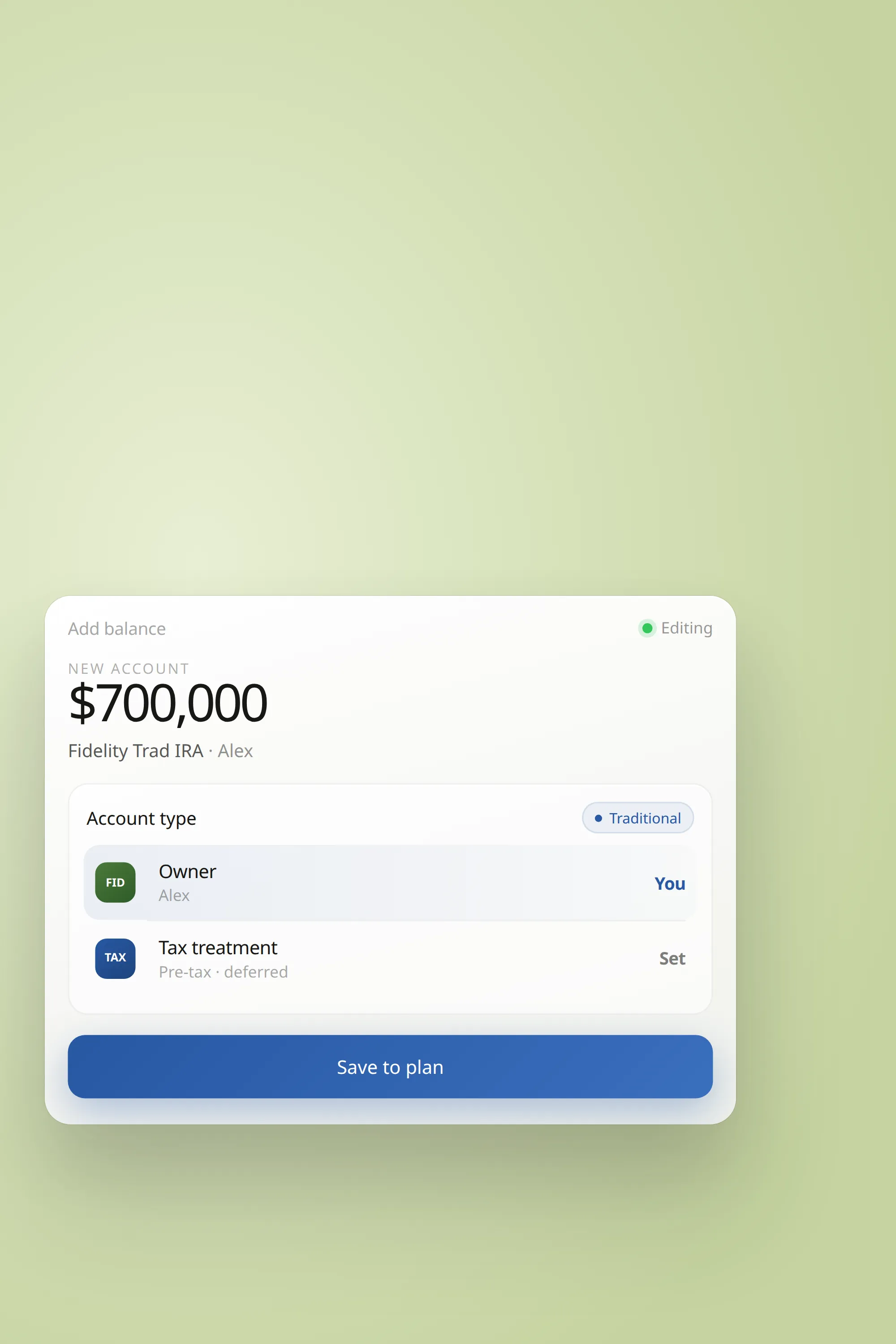 Jeme mobile add-balance screen for a Fidelity account