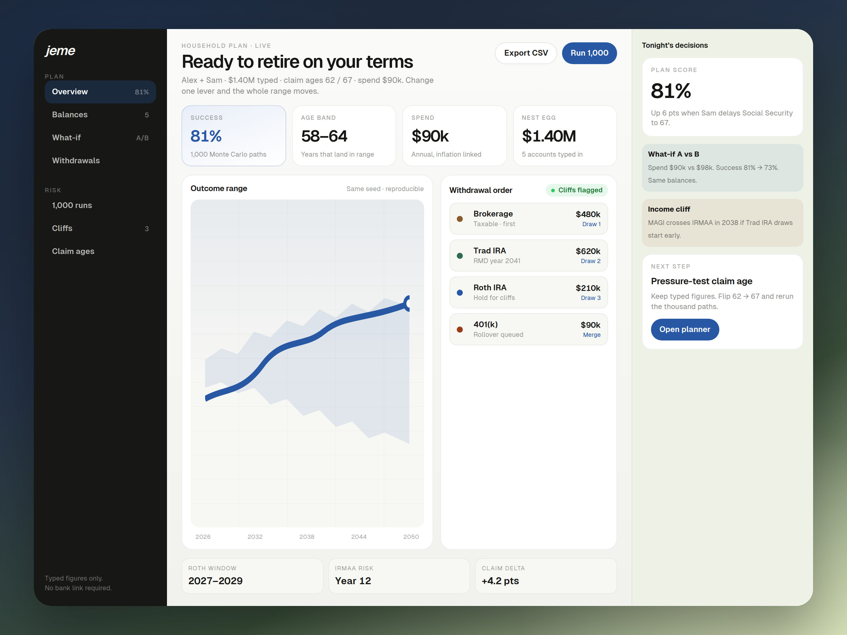 Jeme planner overview with success rate withdrawal order outcome range and cliff flags