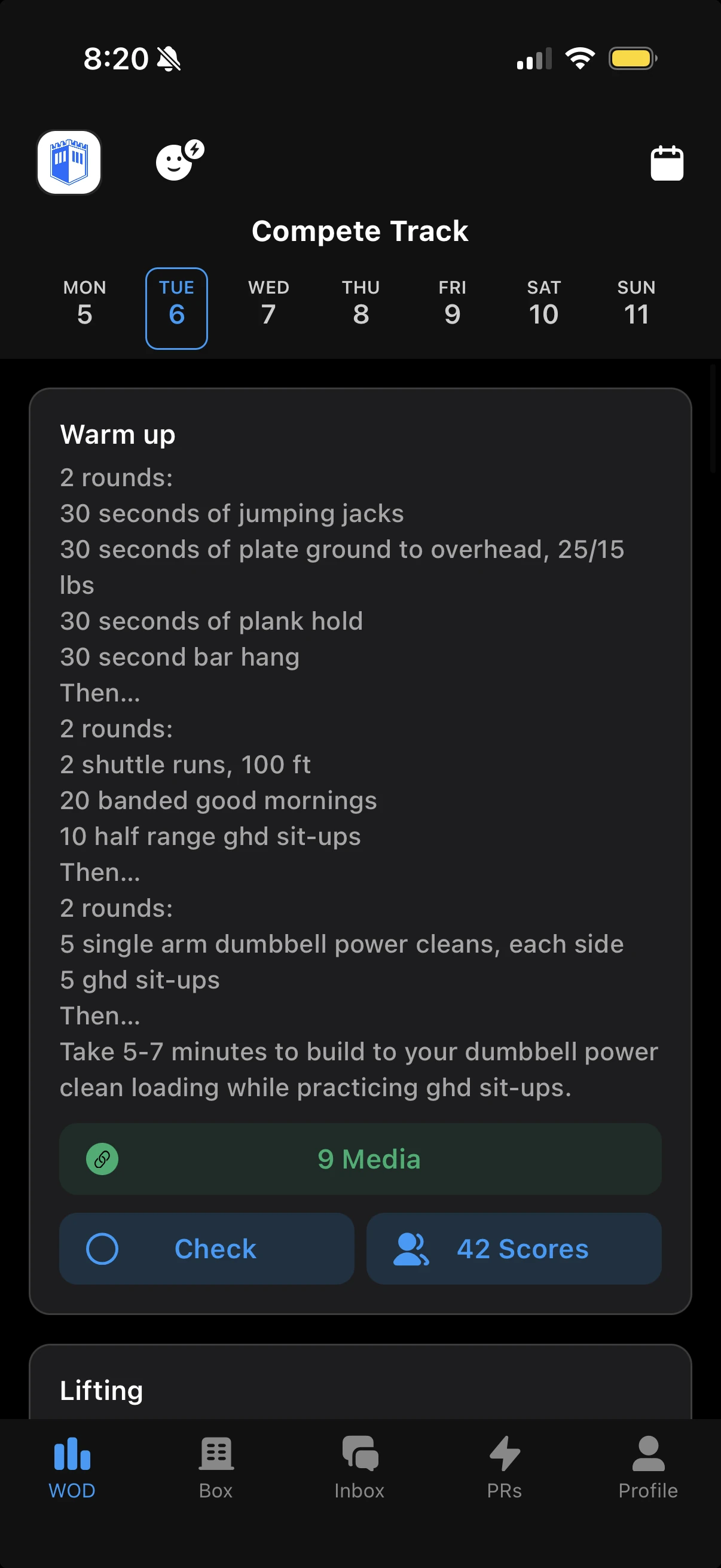 Strivee app showing the Compete Track warm up for Tuesday.