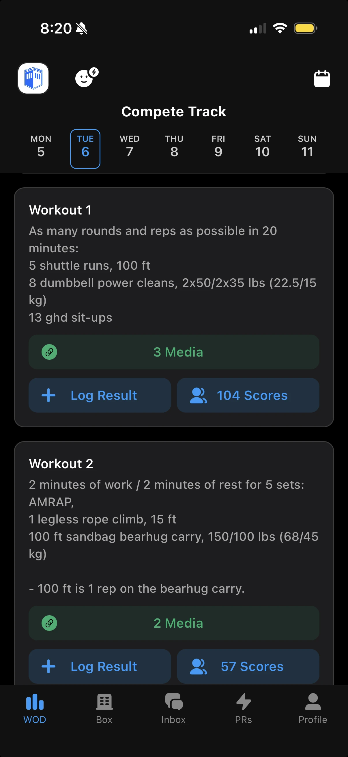 Strivee app showing the Compete Track Workout 1 and Workout 2 for Tuesday.