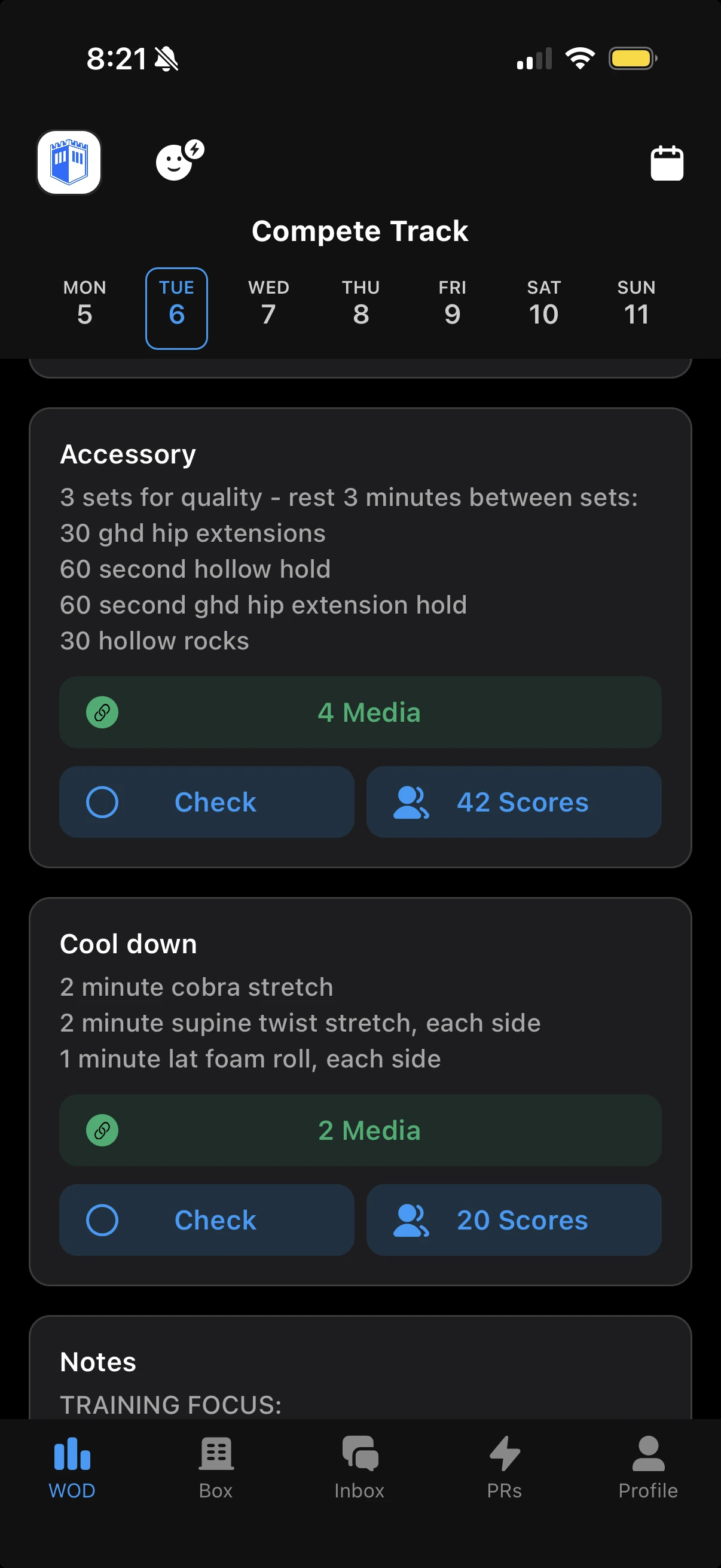 Strivee app showing the Compete Track accessory work and cool down for Tuesday.