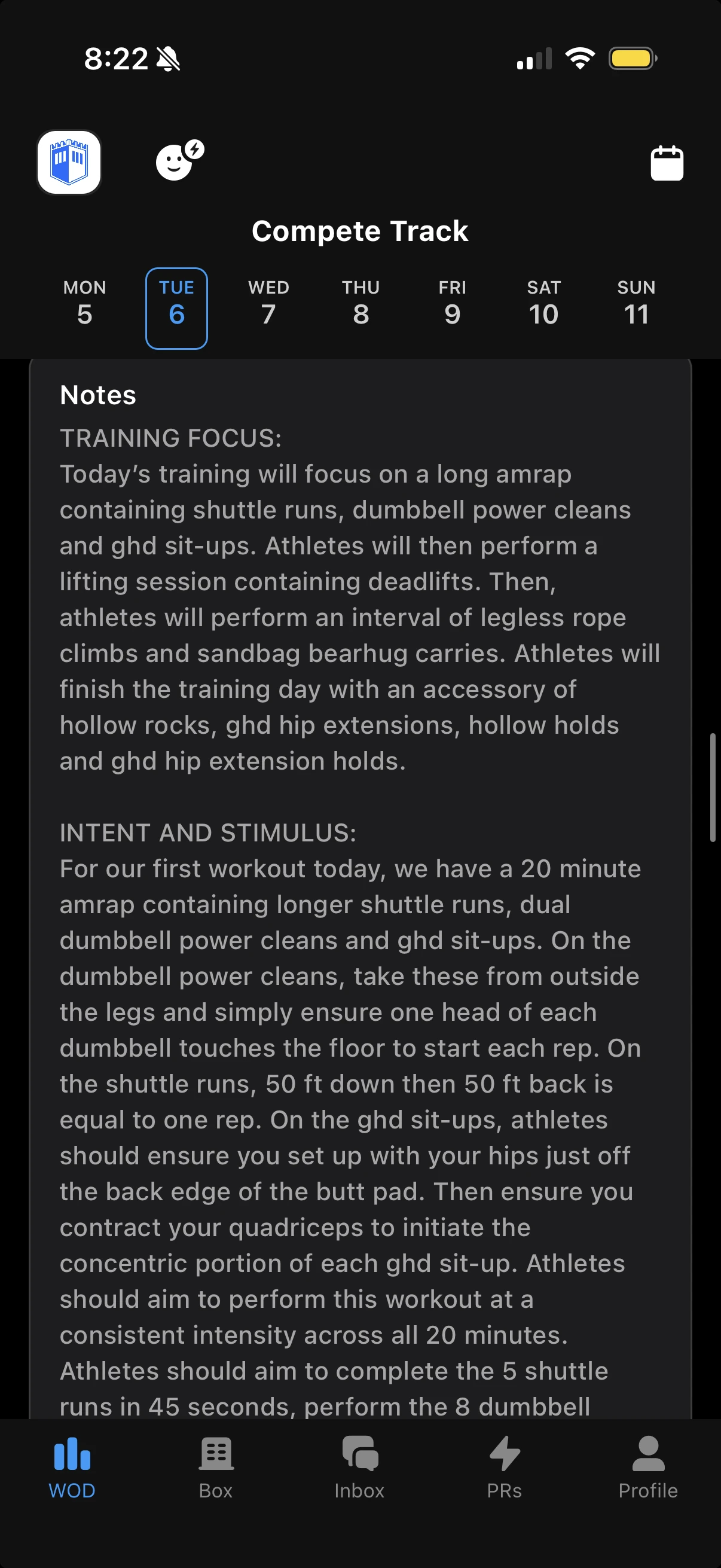 Strivee app showing the Compete Track coach notes for Tuesday, starting with the training focus.