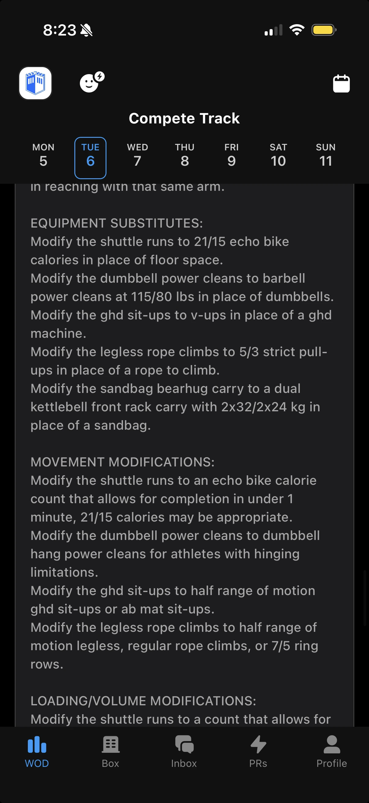 Strivee app showing the Compete Track equipment substitutes and movement modifications for Tuesday.