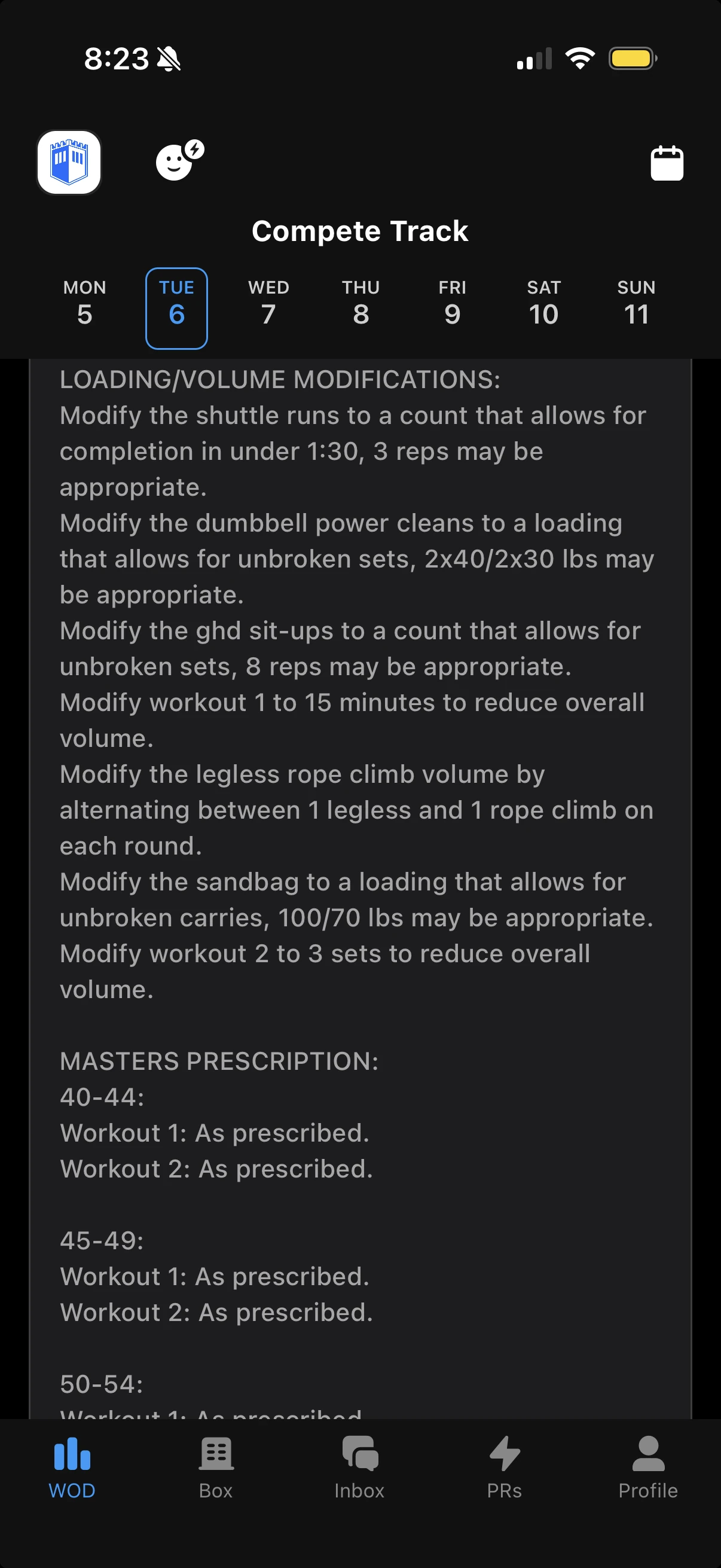 Strivee app showing the Compete Track loading and volume modifications for Tuesday.