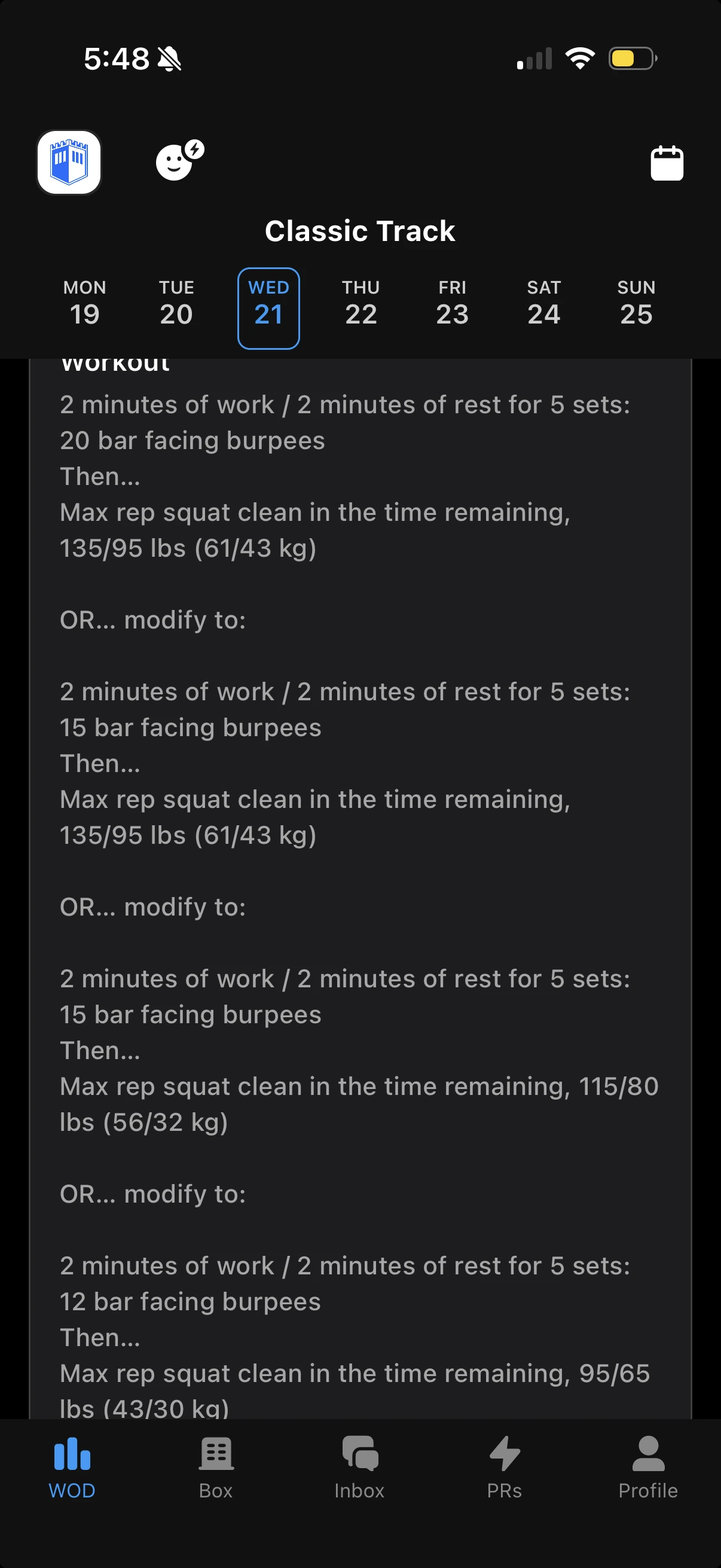 Strivee app showing the Classic Track burpee and squat clean workout for Wednesday.