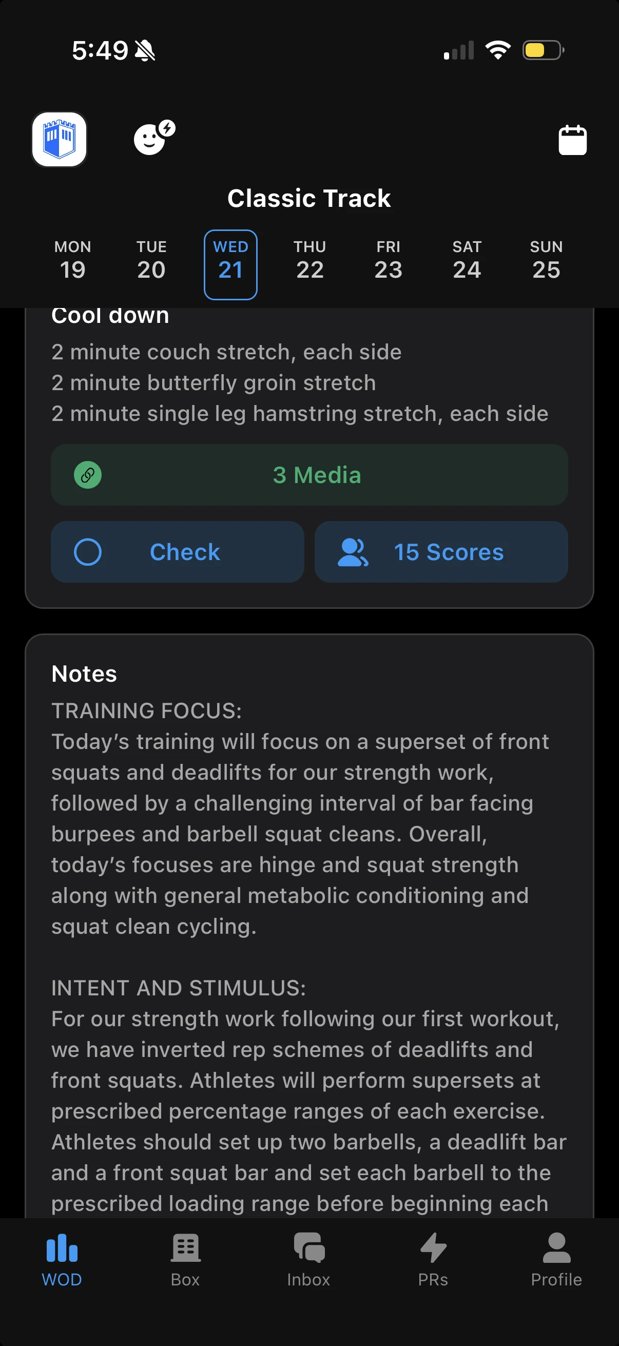 Strivee app showing the Classic Track cool down and the start of the coach notes for Wednesday.