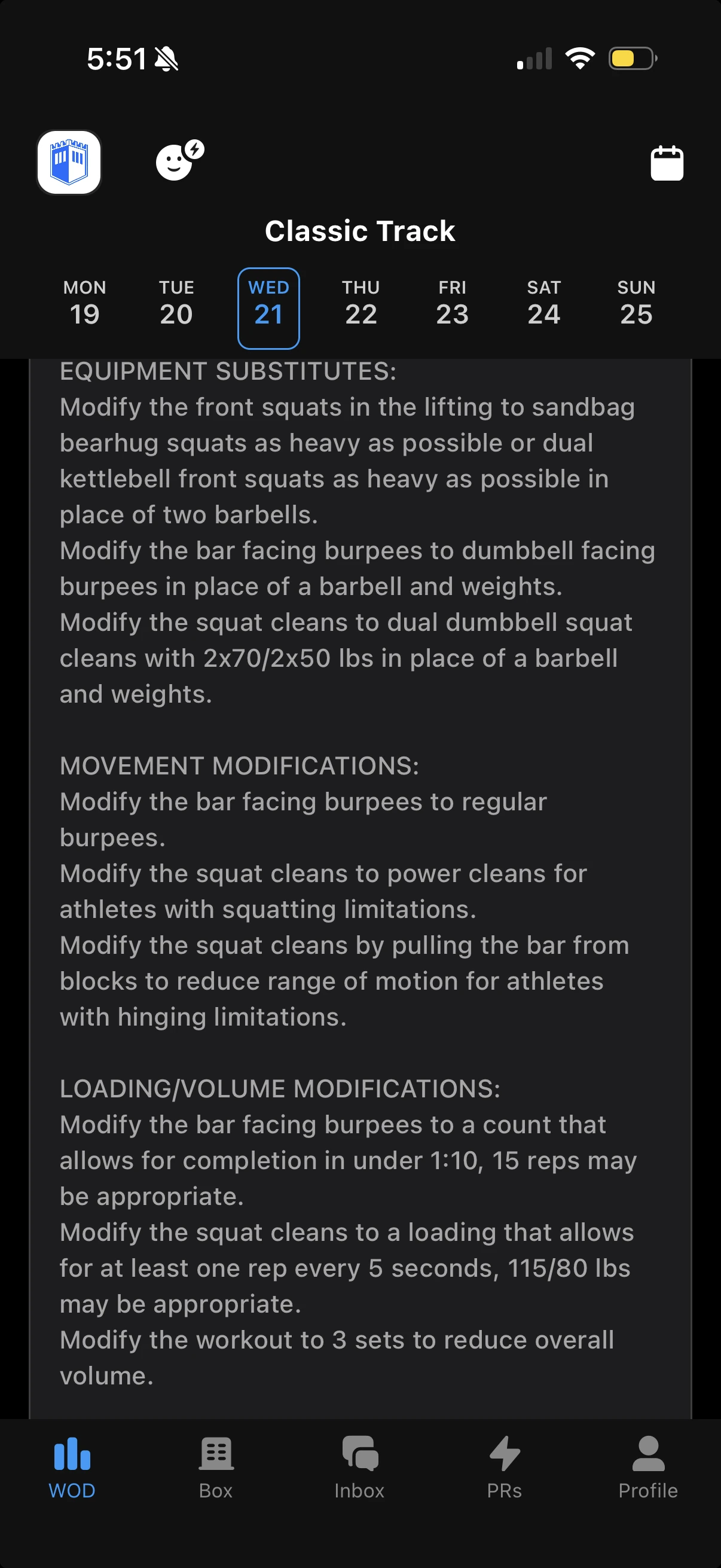Strivee app showing the Classic Track equipment substitutes and modifications for Wednesday.