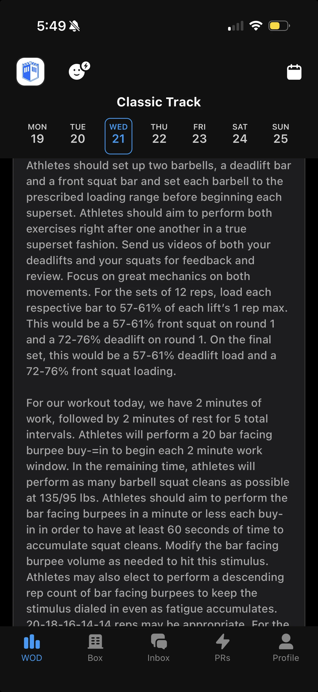 Strivee app showing the Classic Track coach notes on intent and stimulus for Wednesday.