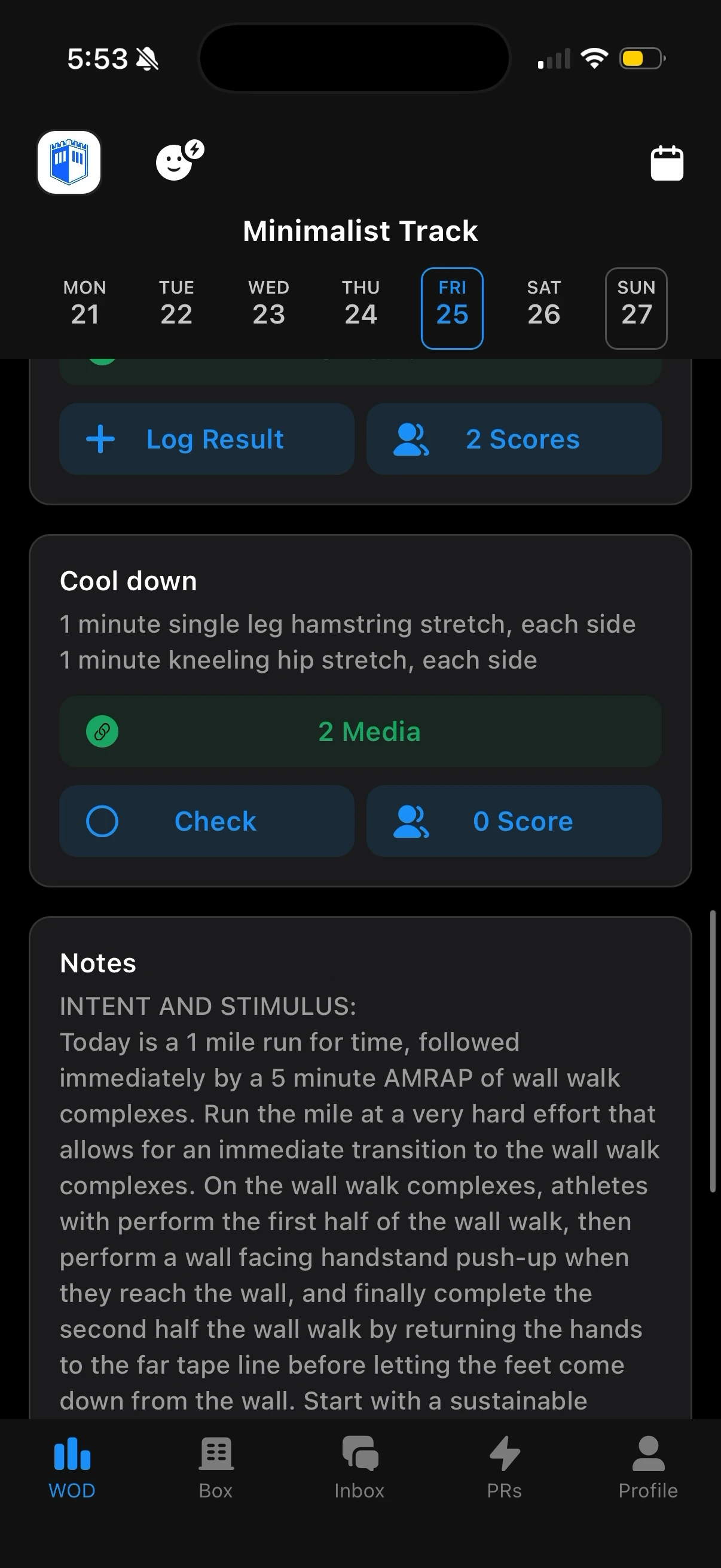 Strivee app showing the Minimalist Track cool down for Friday.