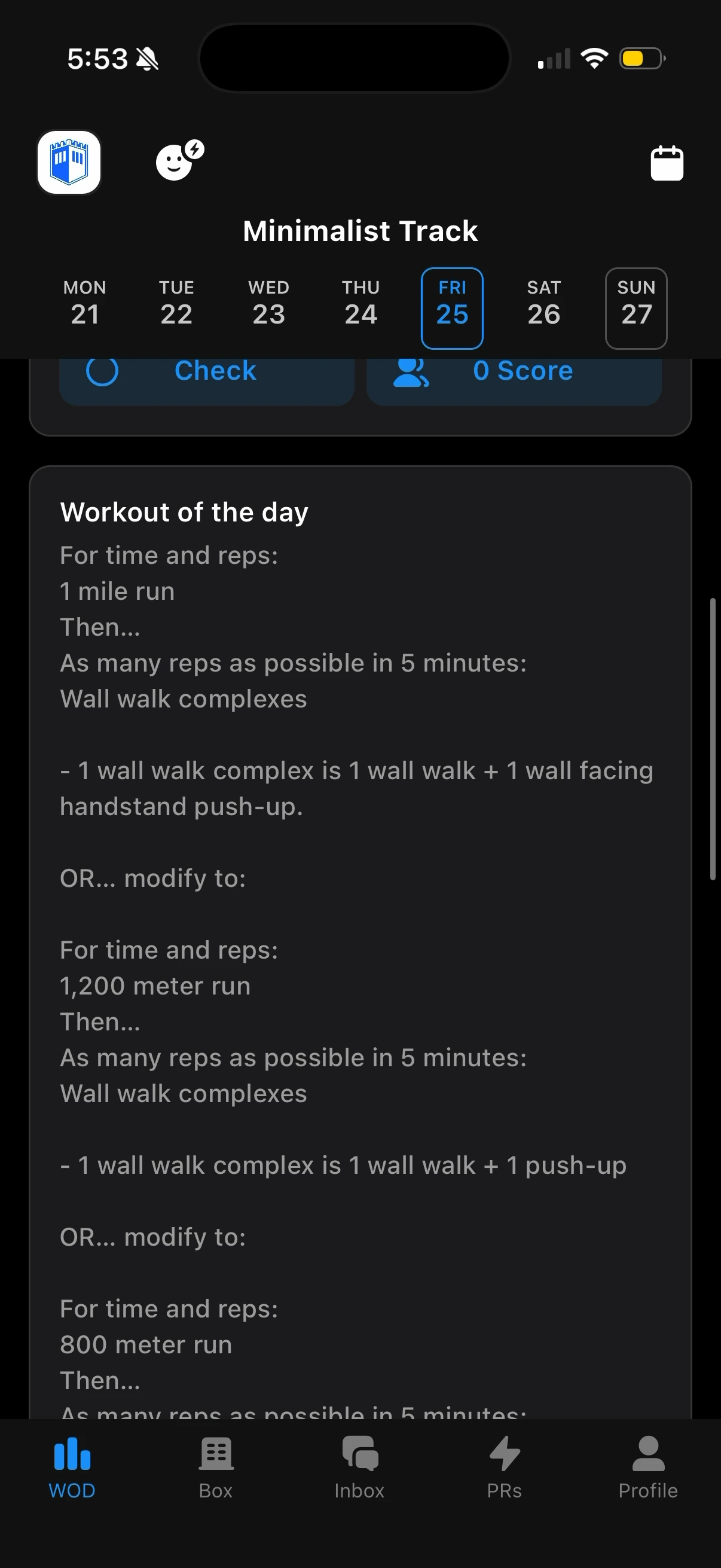 Strivee app showing the Minimalist Track mile run and wall walk workout for Friday.