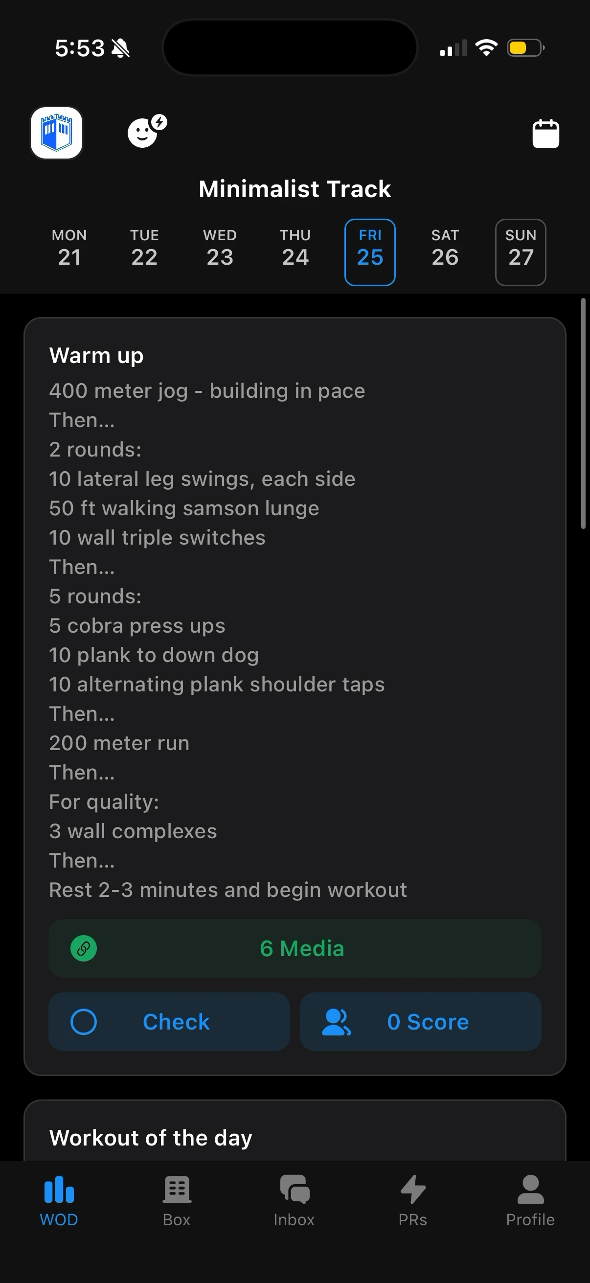 Strivee app showing the Minimalist Track warm up for Friday.