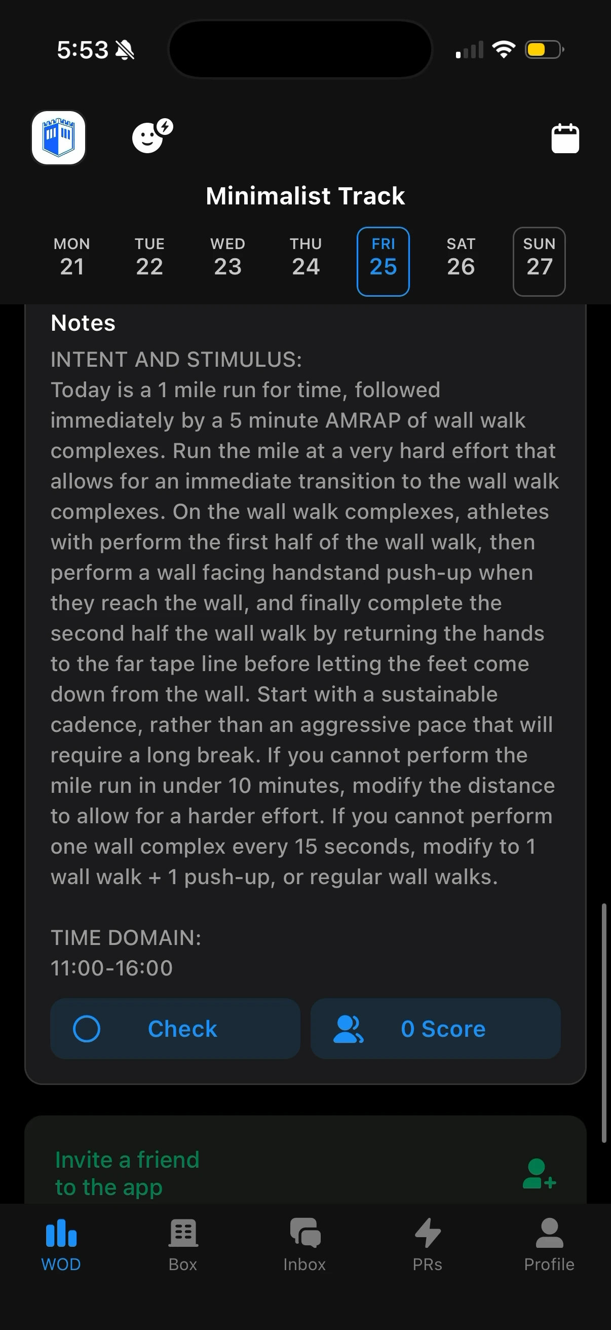 Strivee app showing the Minimalist Track coach notes for Friday.