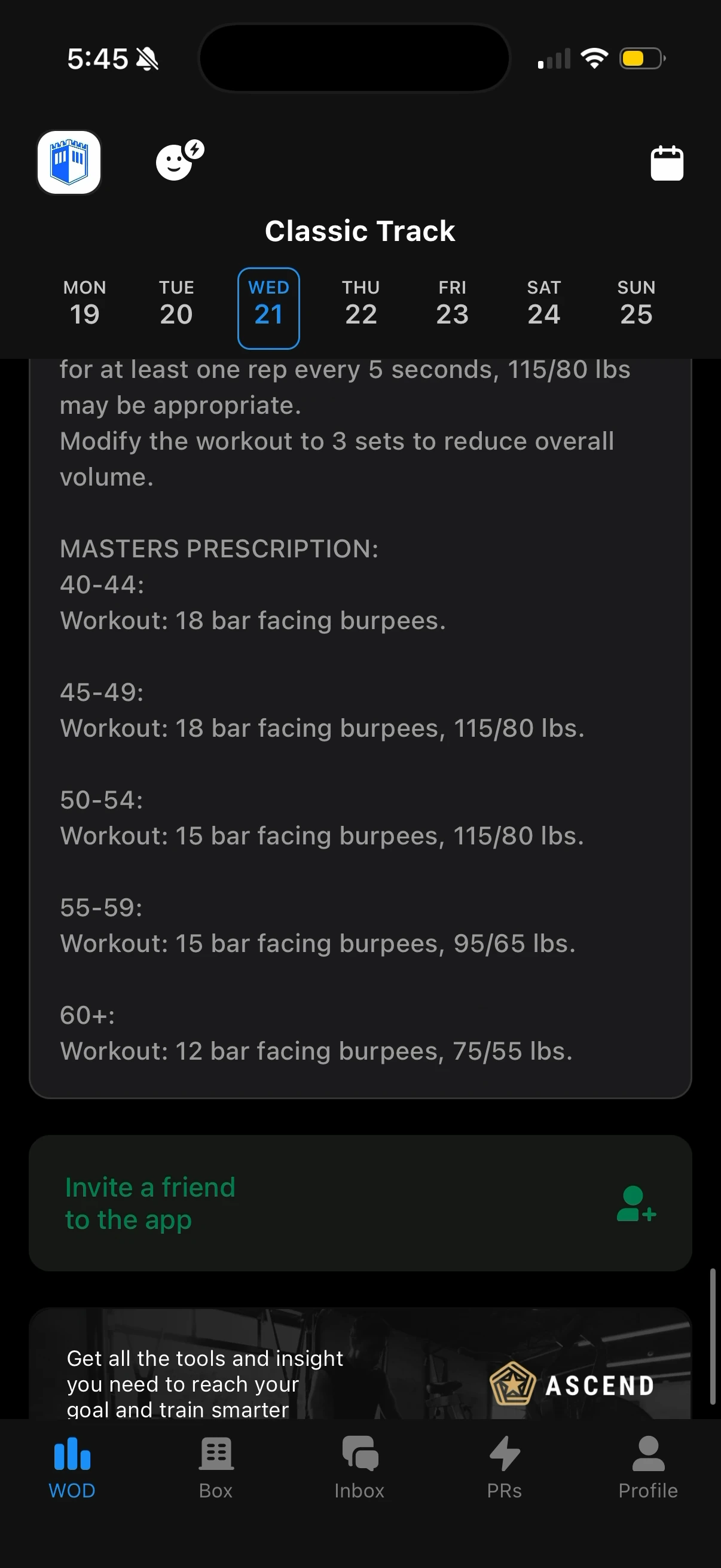 Strivee app showing the Classic Track masters prescription by age group for Wednesday.