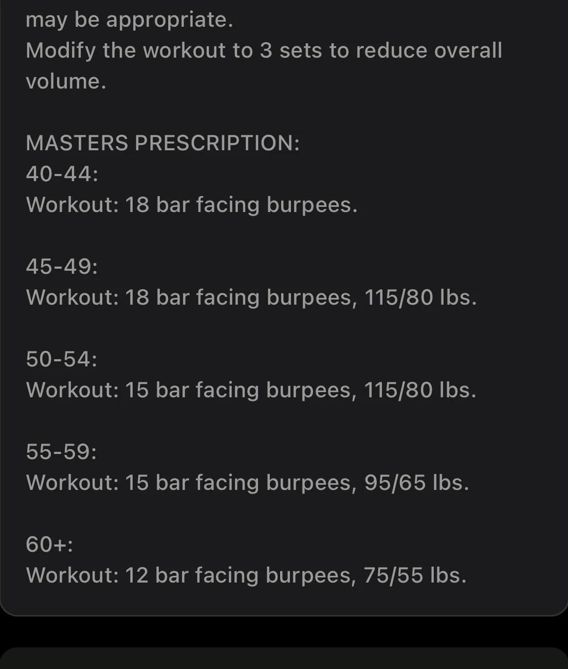 Strivee app showing a masters prescription that scales the workout for each age group from 40-44 to 60+.