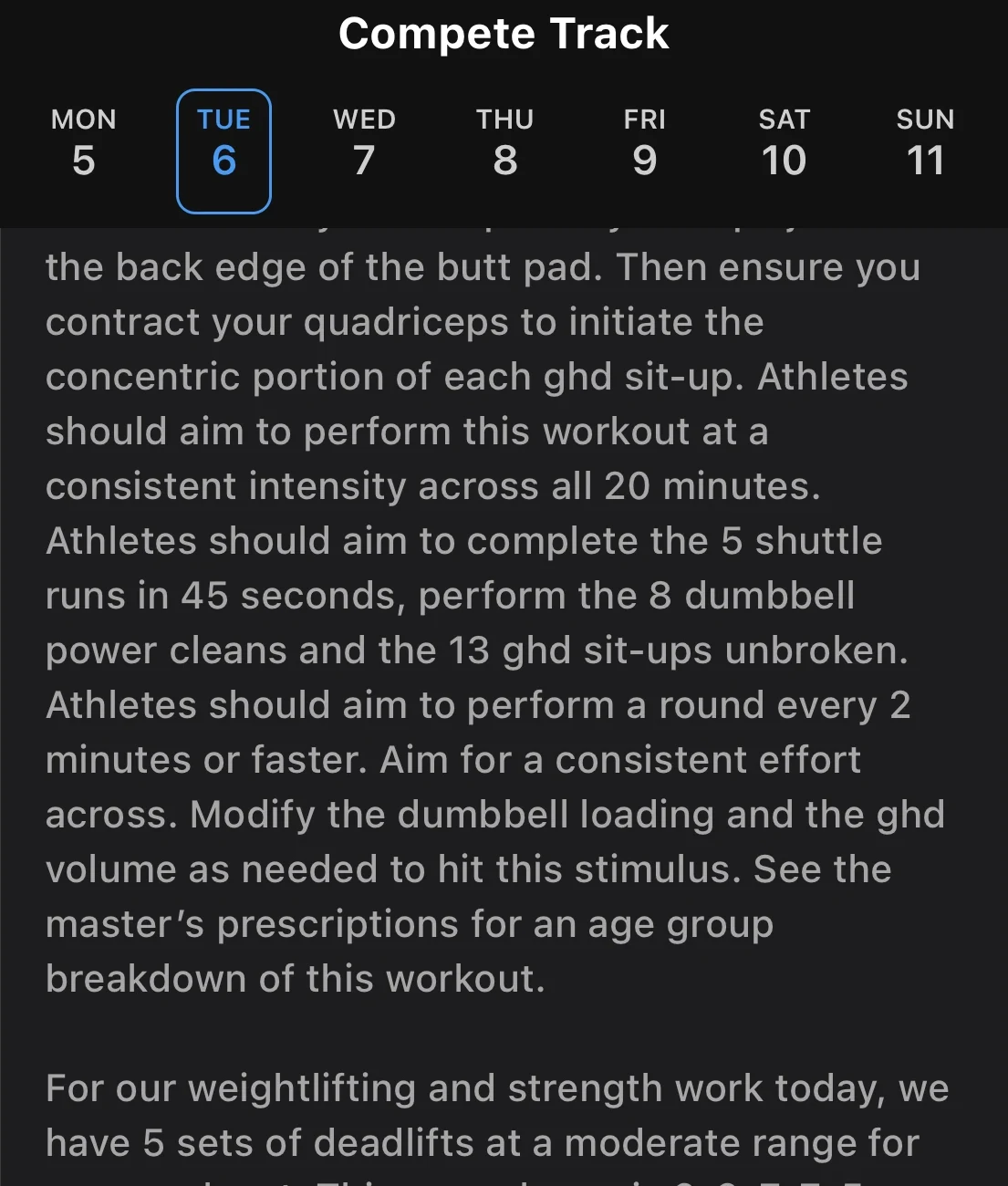 Strivee app showing a full screen of Sentinel coach notes for a Compete Track session.