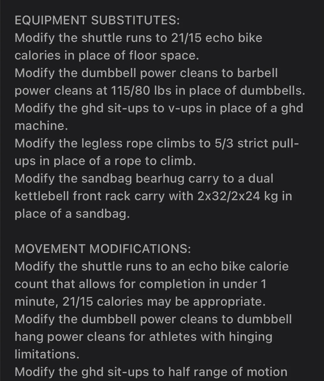 Strivee app listing equipment substitutes and movement modifications for a Compete Track workout.