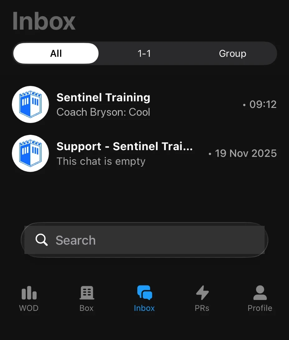 Strivee app inbox showing the Sentinel Training community group chat and the support chat.
