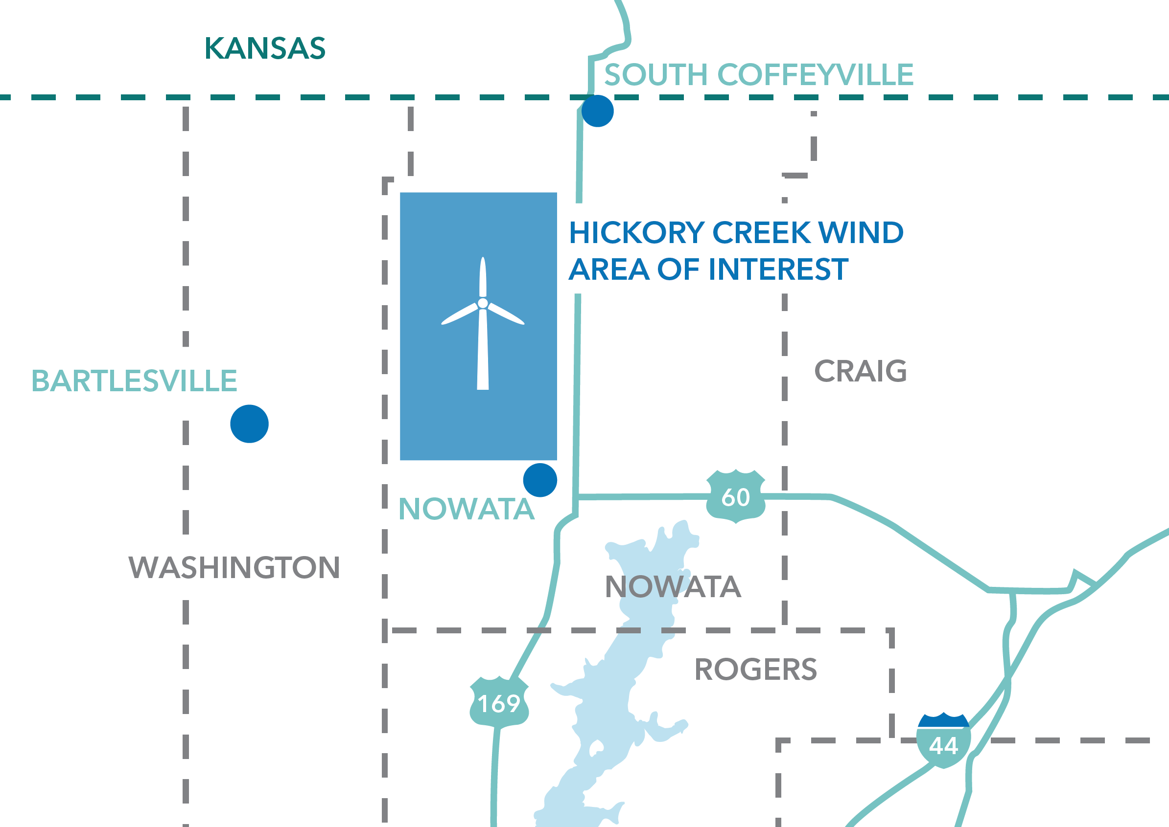 Map showing Hickory Creek wind area near Nowata, marked with a wind turbine icon and nearby towns in Oklahoma.