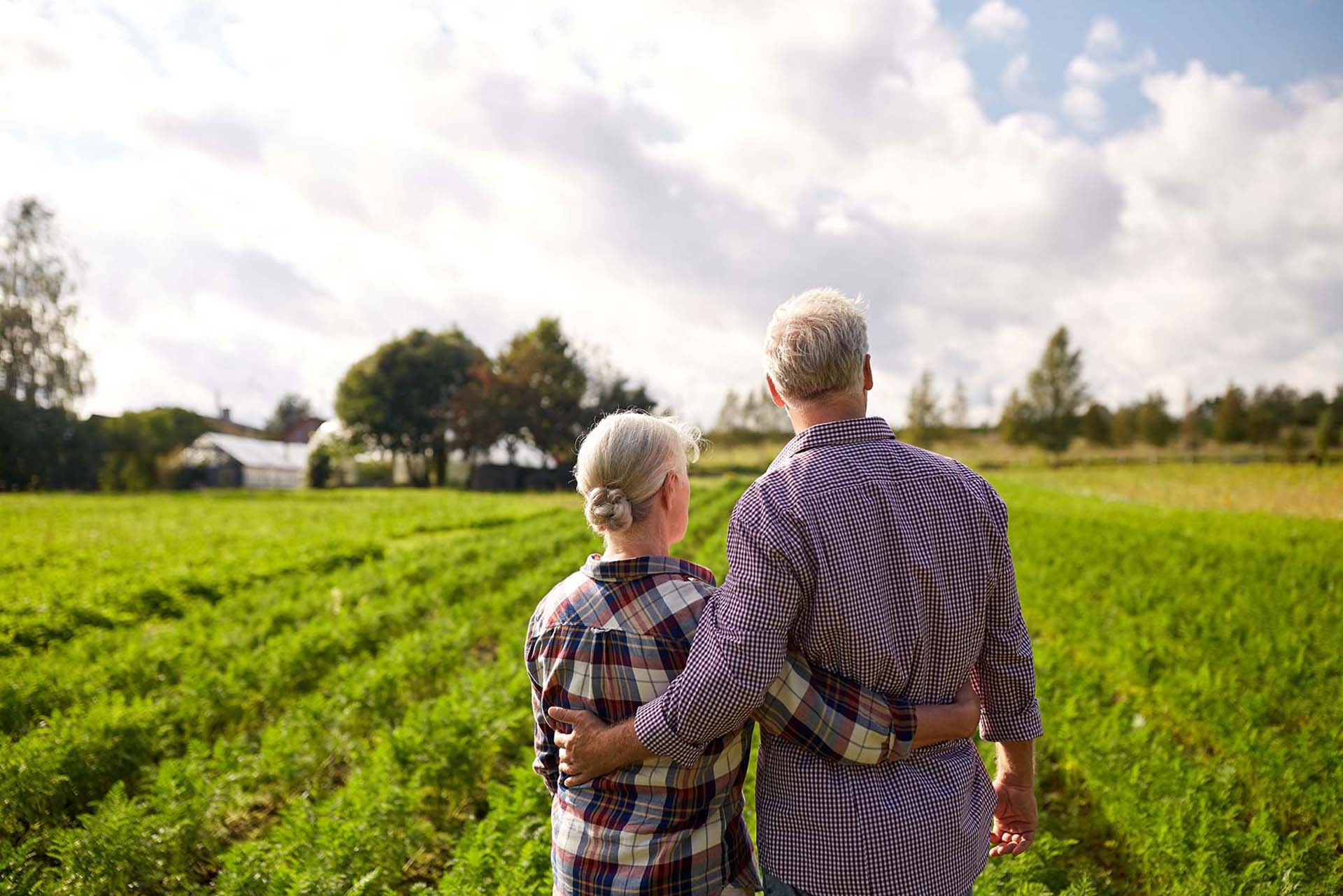 An older couple with gray hair, dressed in plaid shirts, stands arm in arm facing a green field under a partly cloudy sky, with trees and a farmhouse in the background.