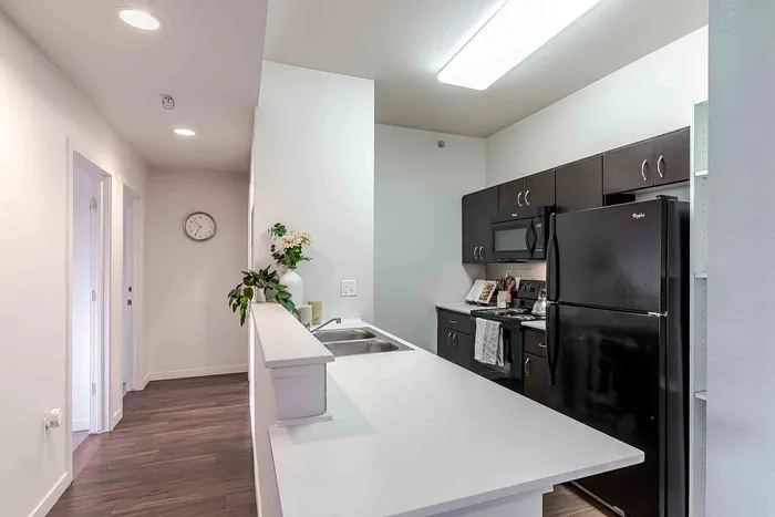 Kitchen with raised countertop on divider wall
