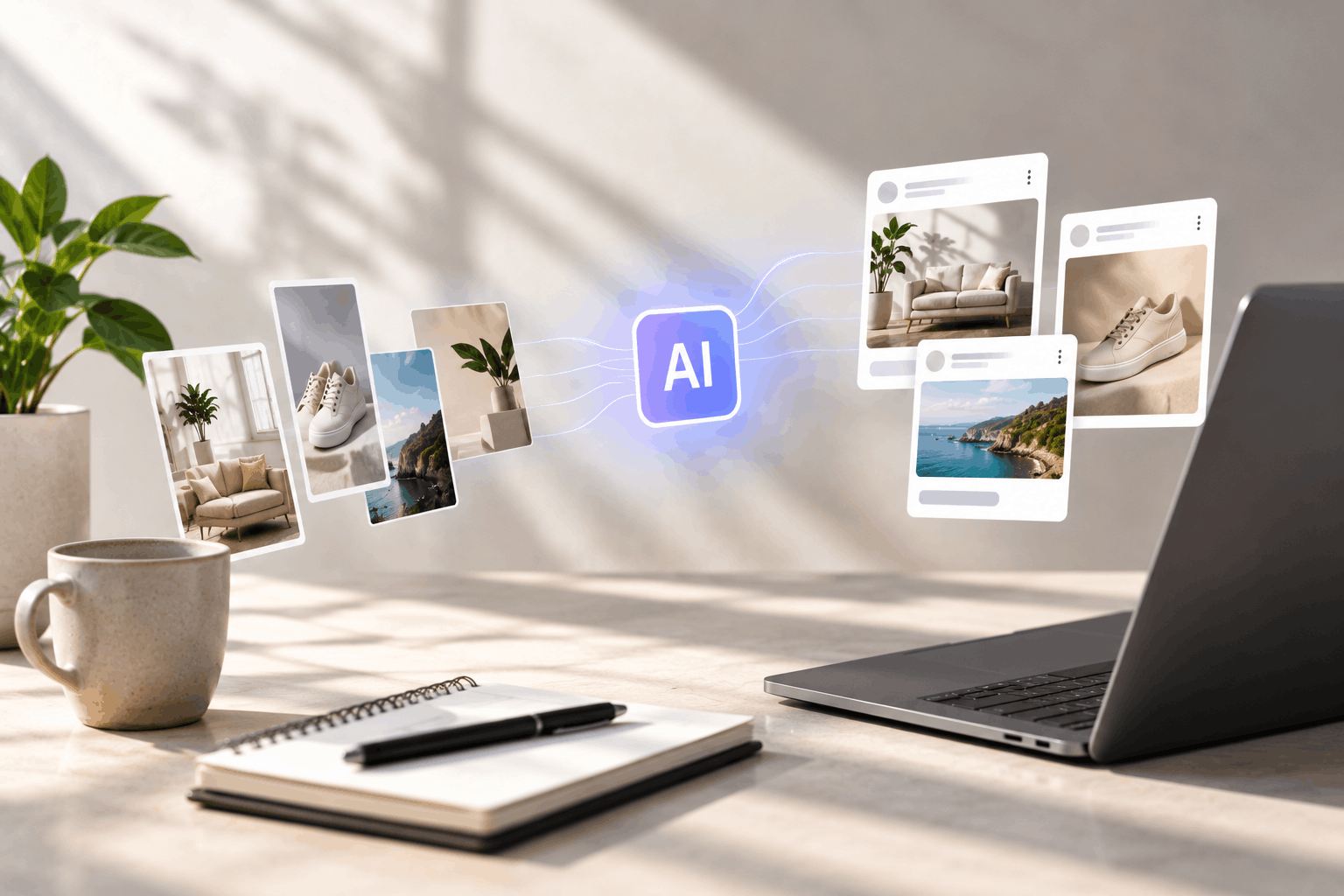 AI ad generator transforming various product and lifestyle images into polished digital ad creatives on a minimalist workspace.