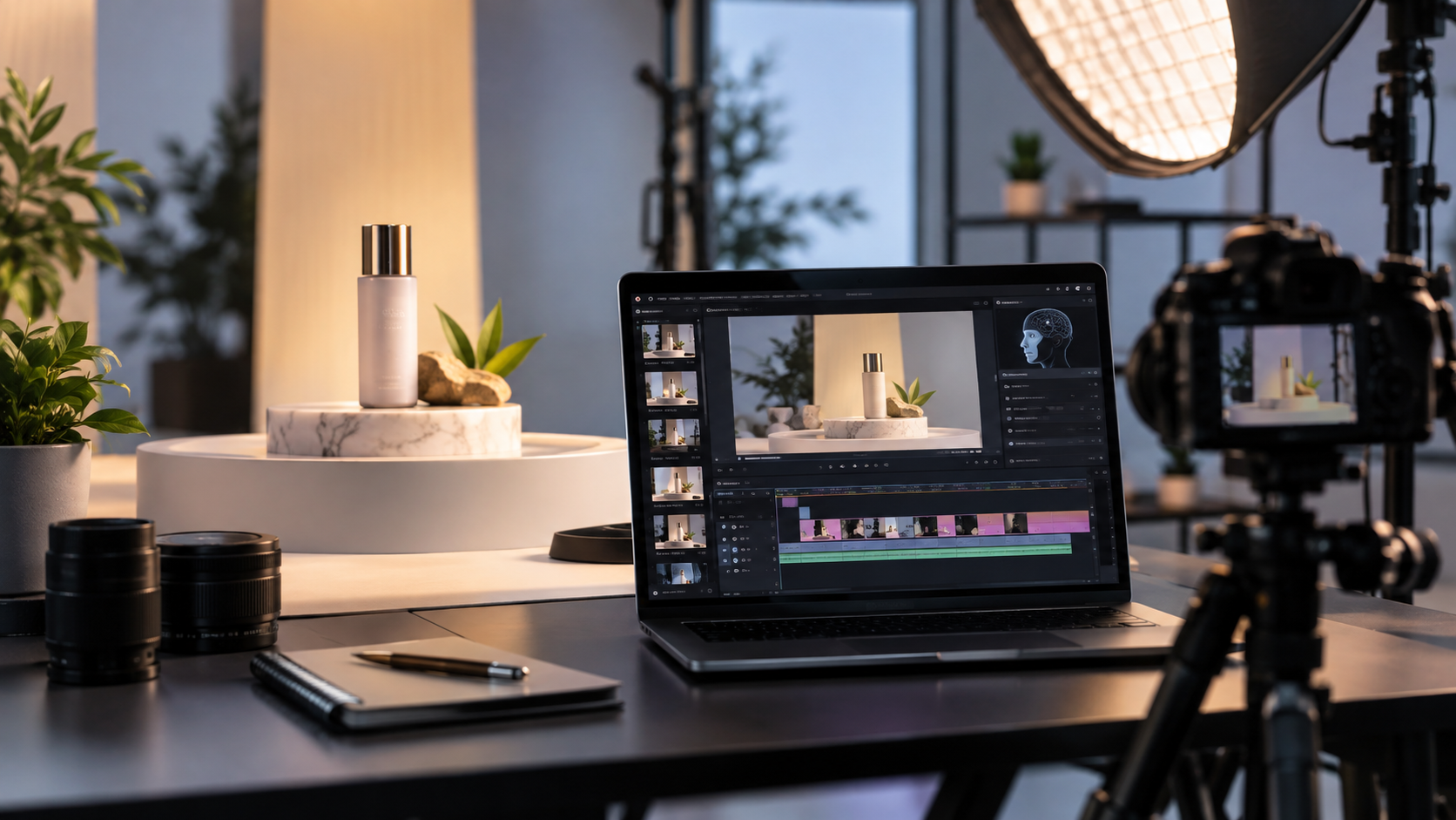 Product photography setup with a laptop editing AI-assisted video ads for a new product launch.