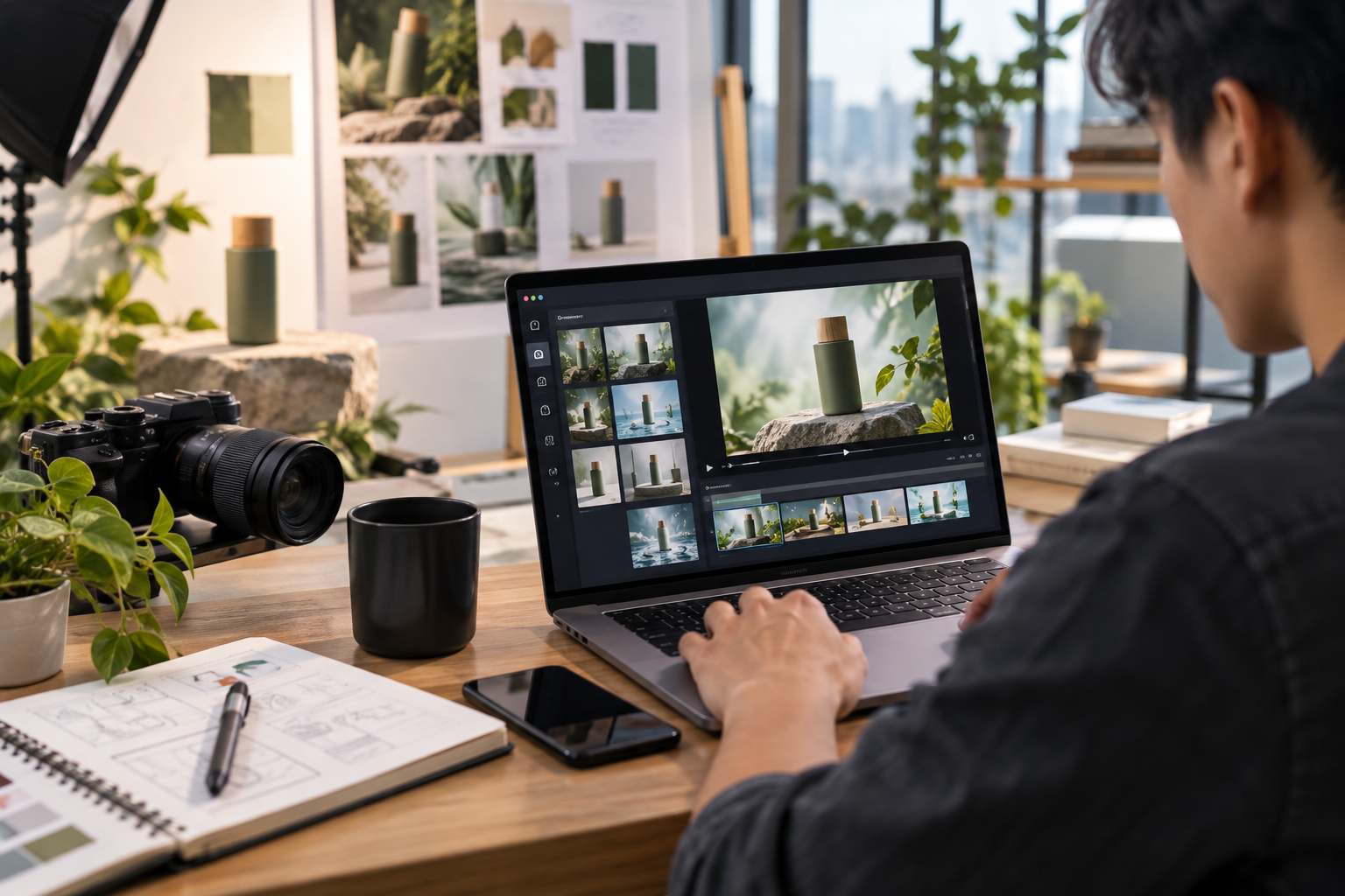 Creative professional using AI advertising tools on a laptop to develop product visuals and video content in a modern workspace.