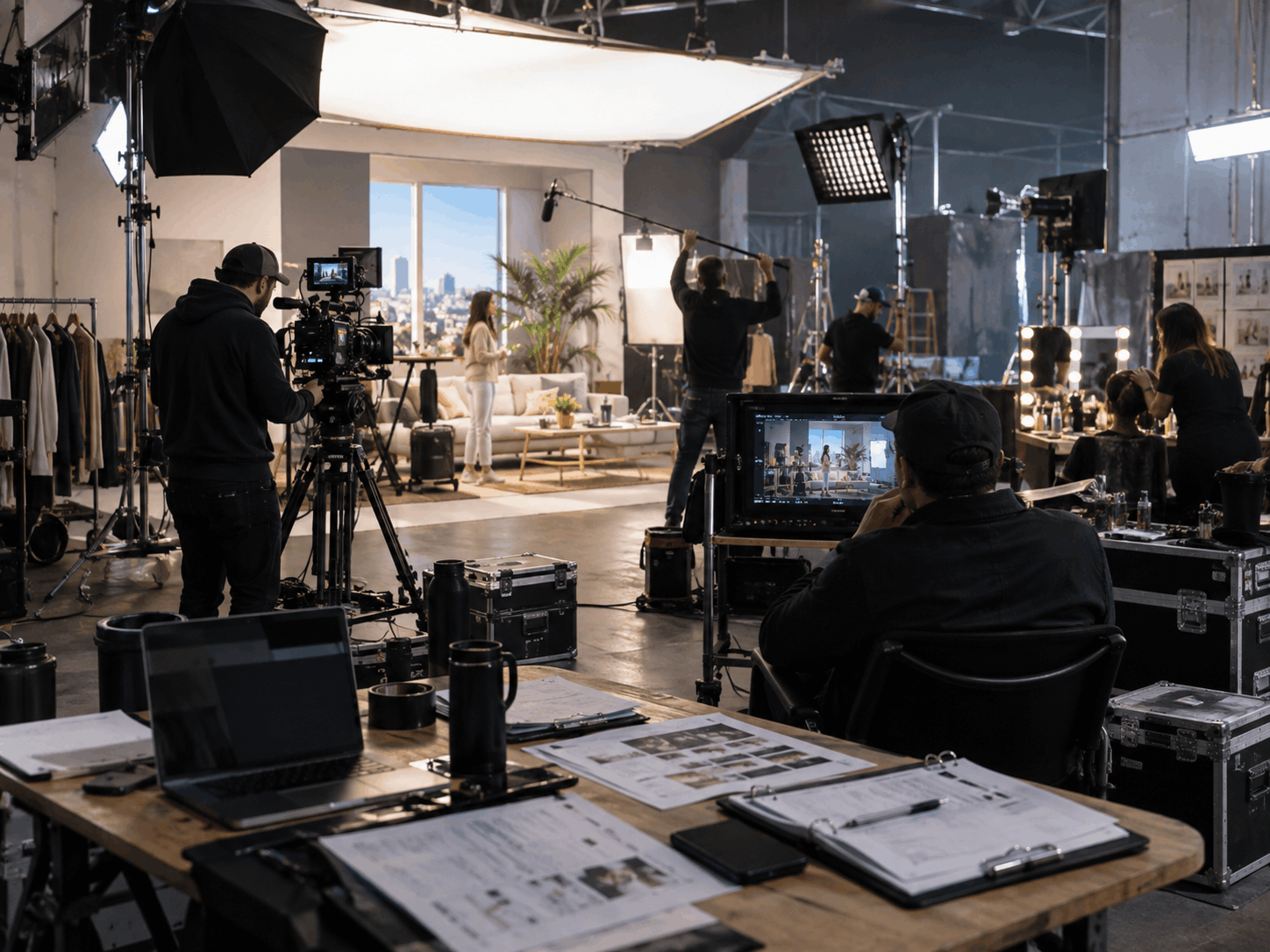 Behind-the-scenes video ad production set with a camera crew, lighting equipment, sound gear, monitors, makeup station, and production planning materials.