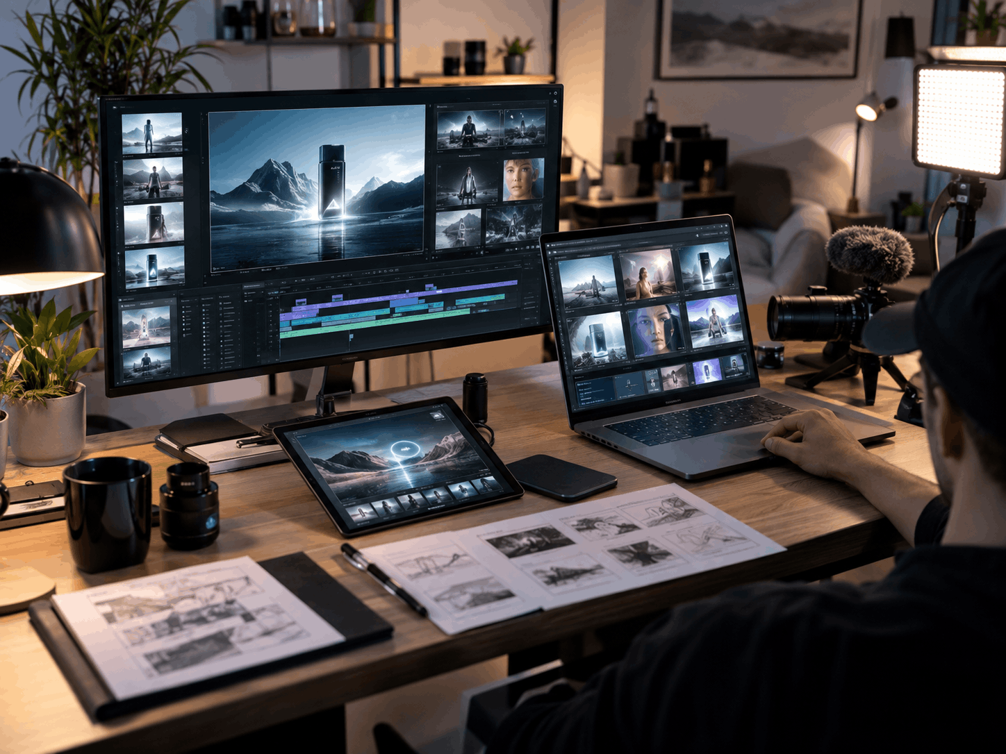 Modern creative workspace showing a video editor using AI-assisted production tools across a large monitor, laptop, and tablet, with storyboards, studio lighting, and camera gear arranged on the desk.