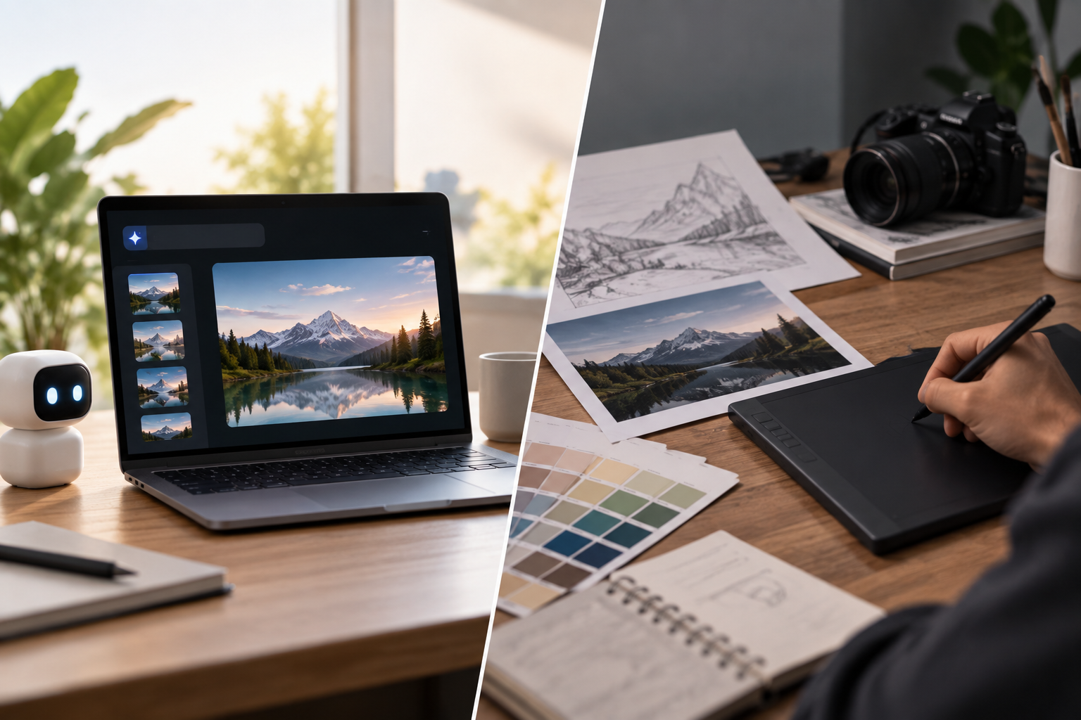 Split-screen creative workspace comparing AI-generated imagery on a laptop with traditional design tools, sketches, photography, and a graphics tablet.
