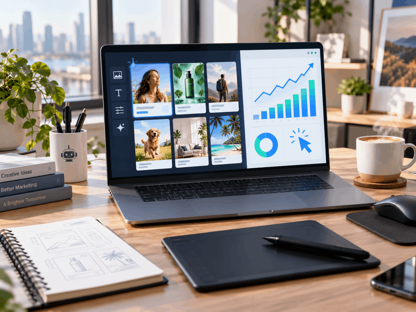 AI-generated creative variations alongside rising performance analytics, surrounded by design tools in a bright modern workspace.