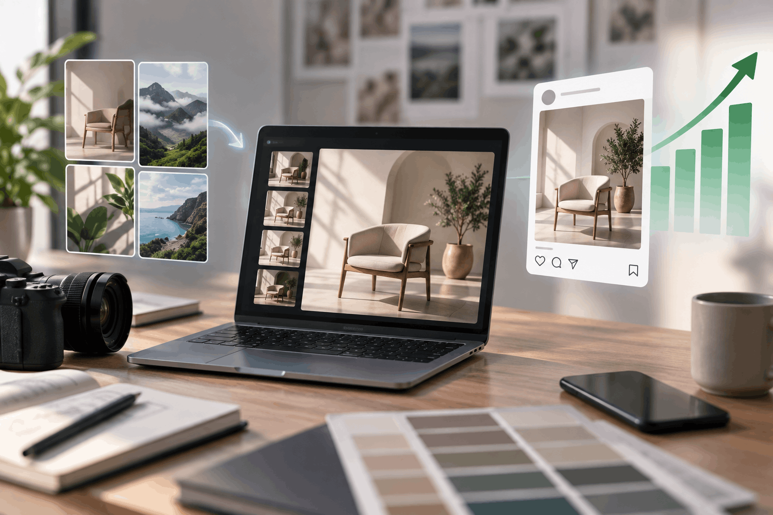 Modern creative workspace showing AI-generated product image variations on a laptop, visual references, and a rising performance chart representing improved campaign results.