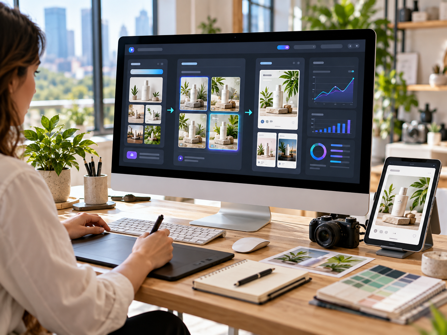 Marketer using AI ad creation software to generate product ad variations and analyze campaign performance in a modern creative workspace.