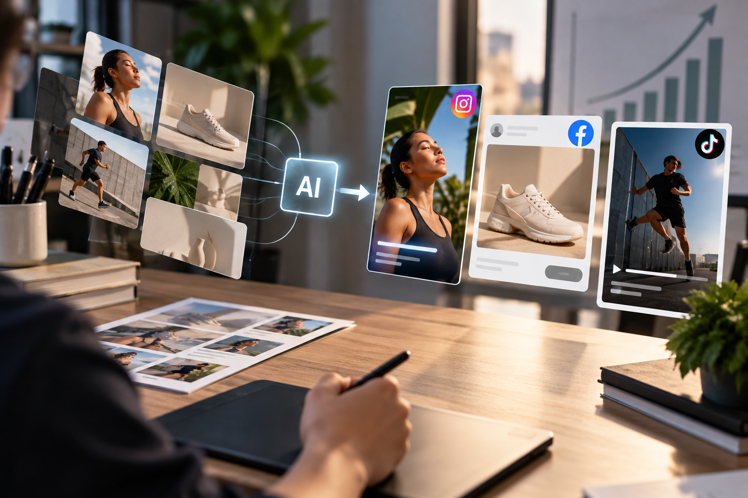 AI-powered marketing workflow turning creative assets into optimized social media ads across multiple platforms.