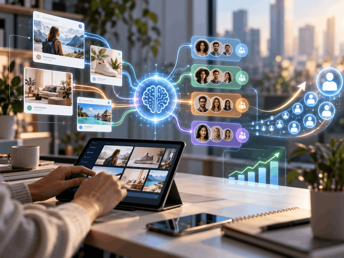 AI-powered marketing system connecting creative content with customer segments and growth analytics to support customer acquisition.