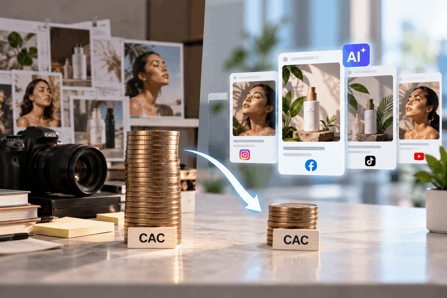 1. Comparison showing AI-generated ads reducing customer acquisition costs, represented by a smaller stack of coins beside automated social media creatives.